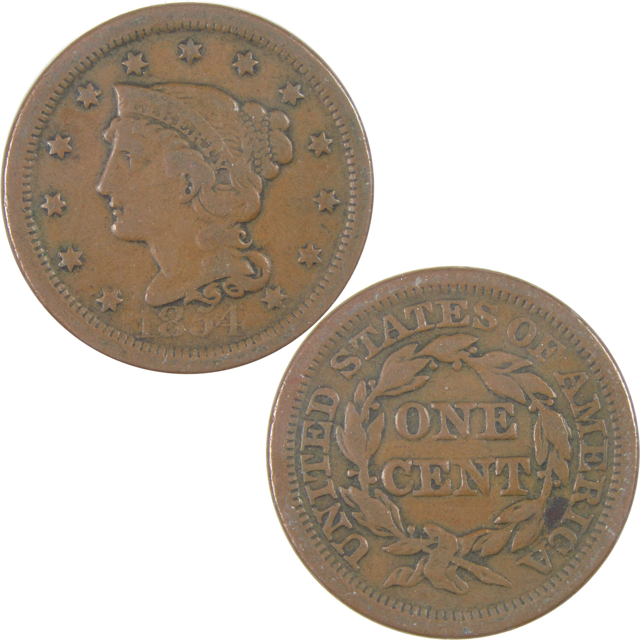 1854 Braided Hair Large Cent F Fine Copper Penny 1c Coin SKU:I16961