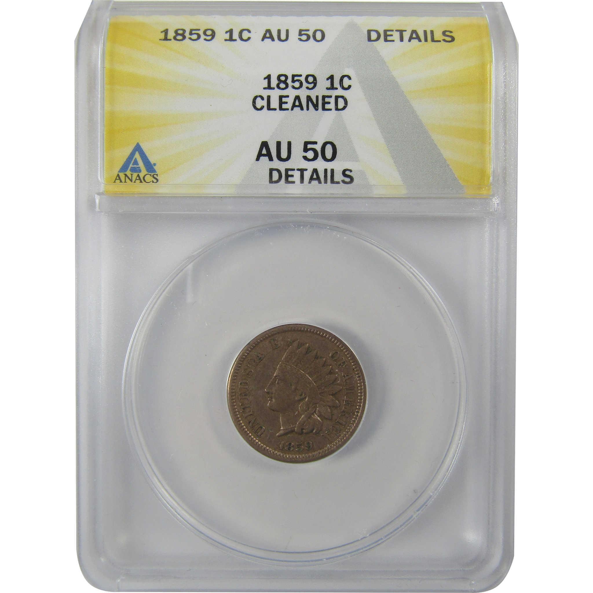 1859 Indian Head Cent AU 50 Details ANACS Penny 1c Coin SKU:I25481