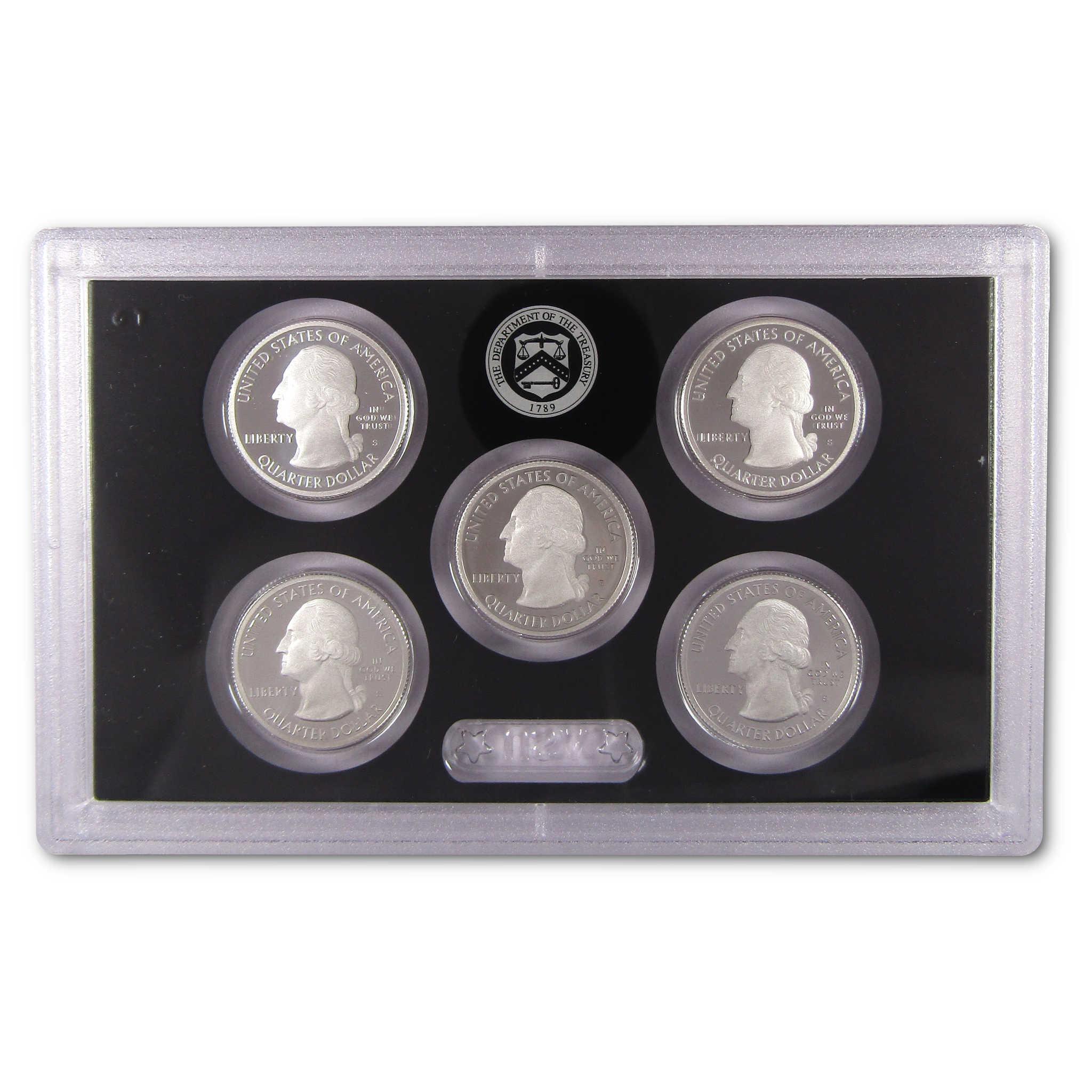 US quarter dollar collectible coin set in plastic display case featuring five coins