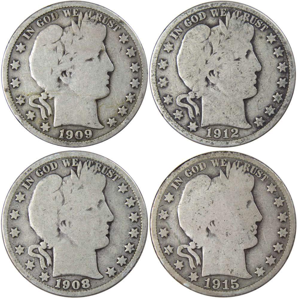 Barber Silver Half Dollar 4 Coin All-Mint Set AG About Good 90% Silver