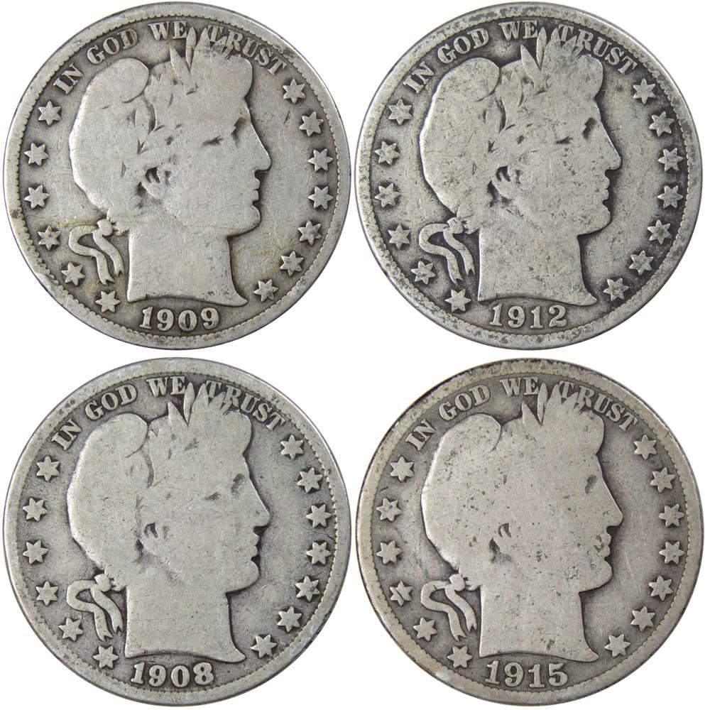 Barber Silver Half Dollar 4 Coin All-Mint Set AG About Good 90% Silver