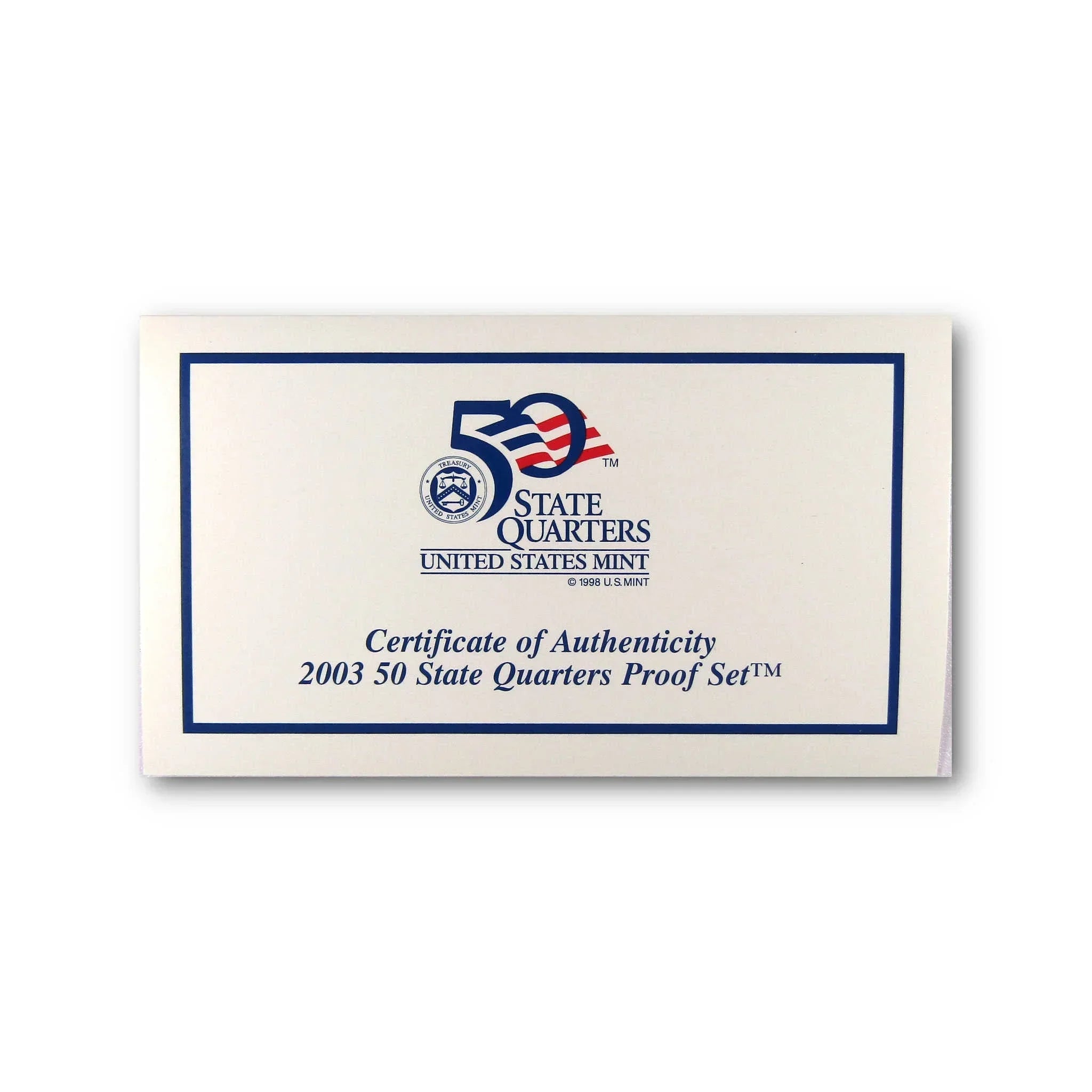 2003 50 State Quarters Proof Set certificate of authenticity from United States Mint