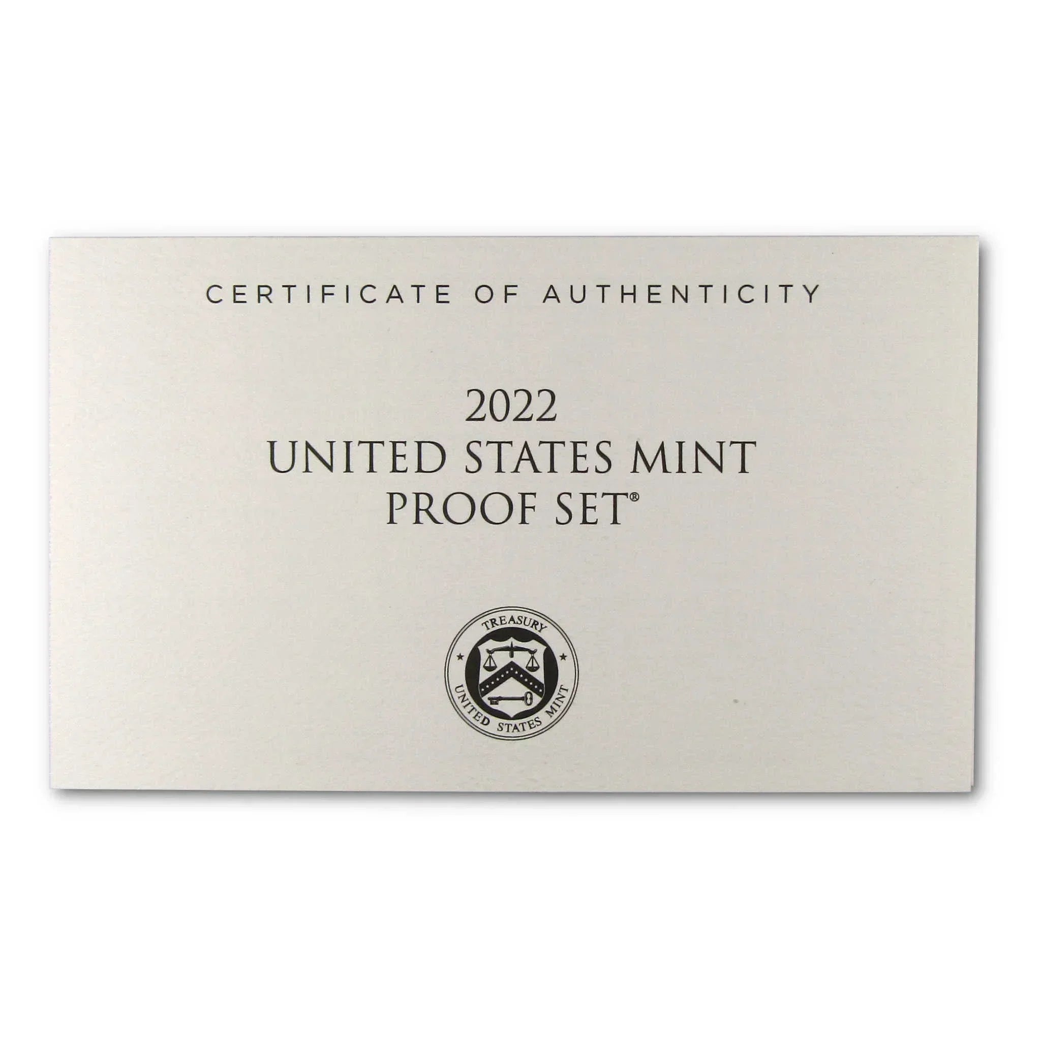 2022 United States Mint Proof Set certificate of authenticity with official Treasury Seal.