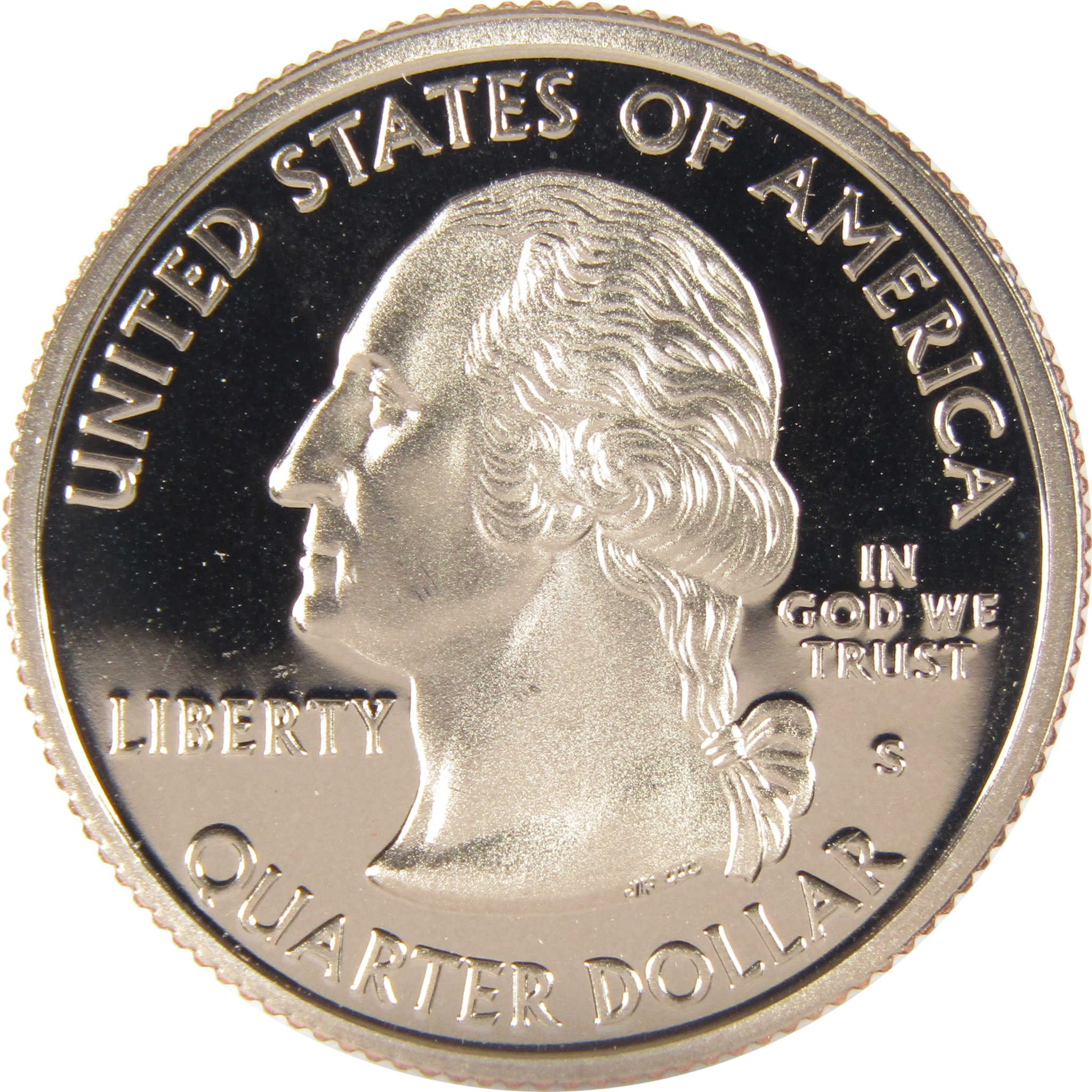 United States quarter dollar coin showing George Washington profile, LIBERTY and IN GOD WE TRUST.
