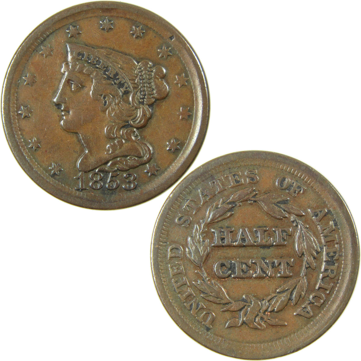 1853 Braided Hair Copper Half Cent VF Very Fine 1/2c Coin Collectible