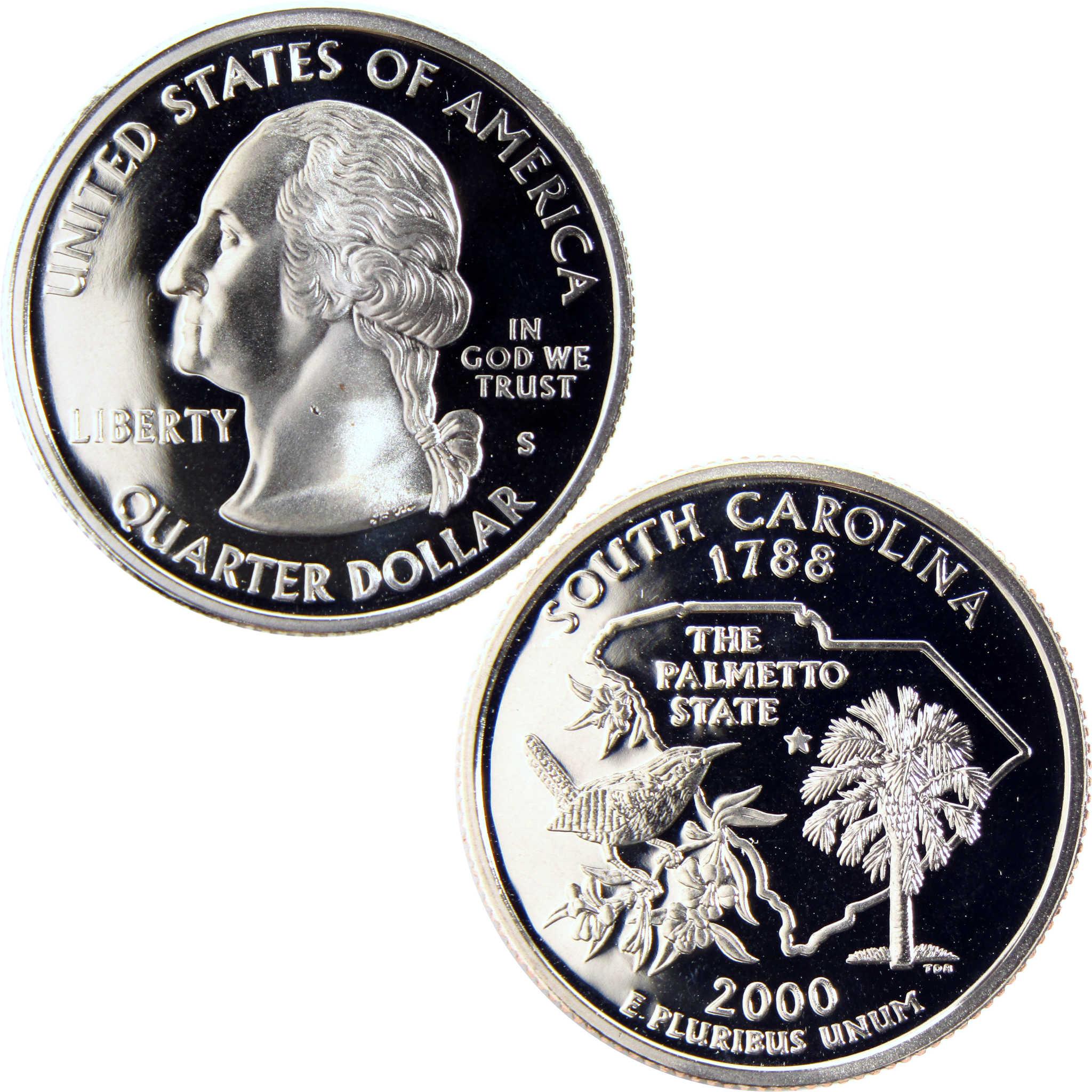 South Carolina 2000 state quarter coin with George Washington and palmetto tree designs