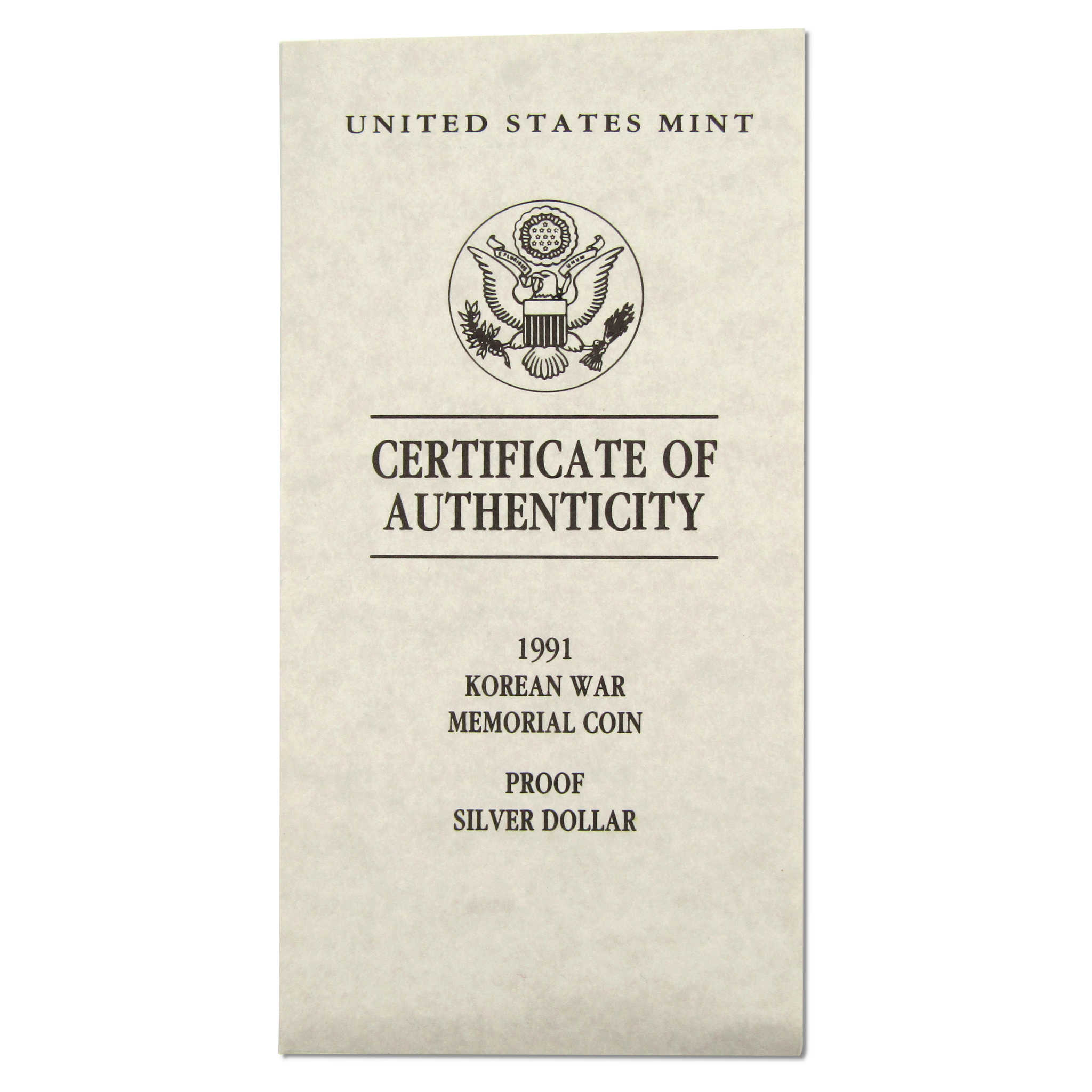 Korean War Memorial Commemorative Dollar 1991 P Proof Silver OGP COA