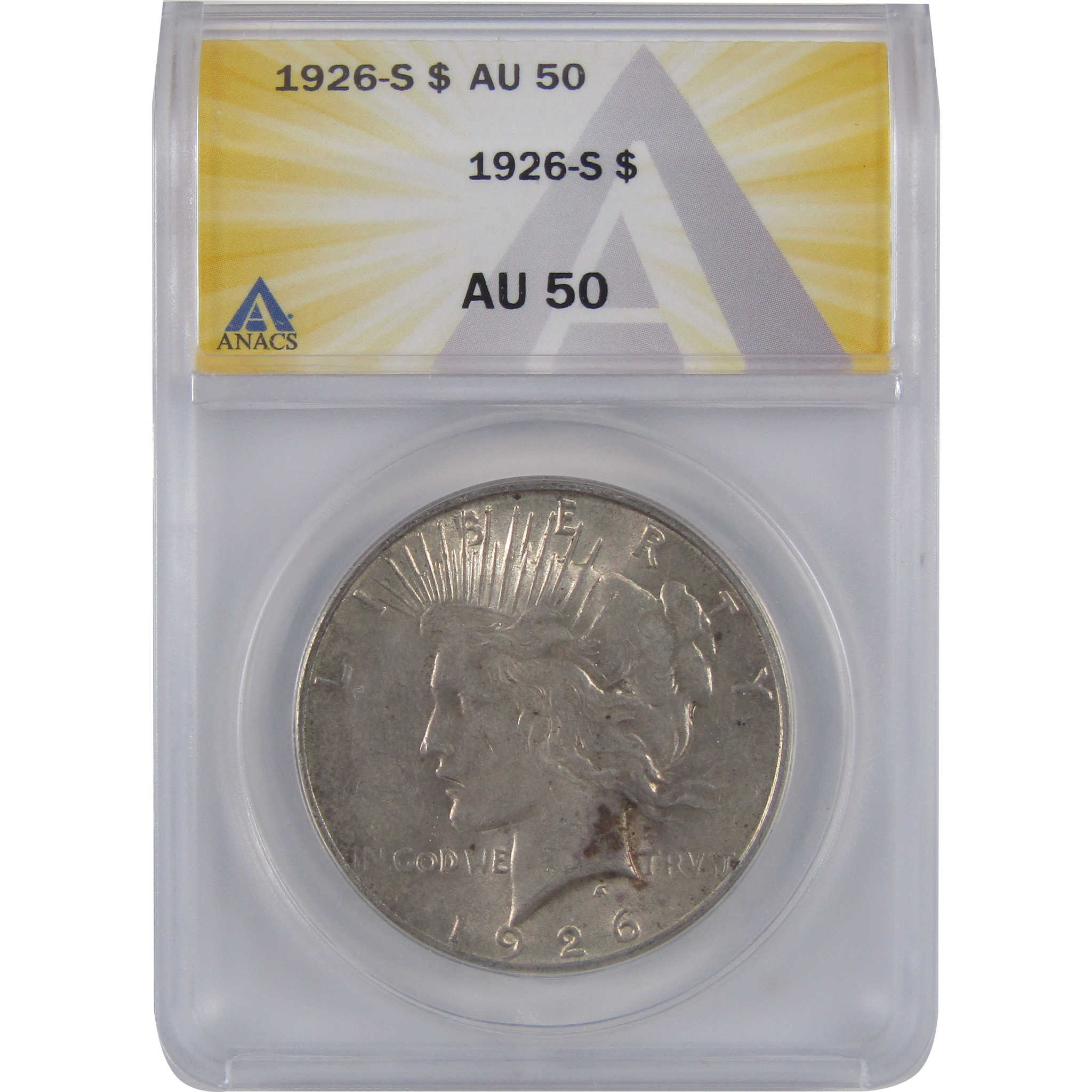 1926 S Peace Dollar AU 50 ANACS Silver $1 Coin SKU:I18605