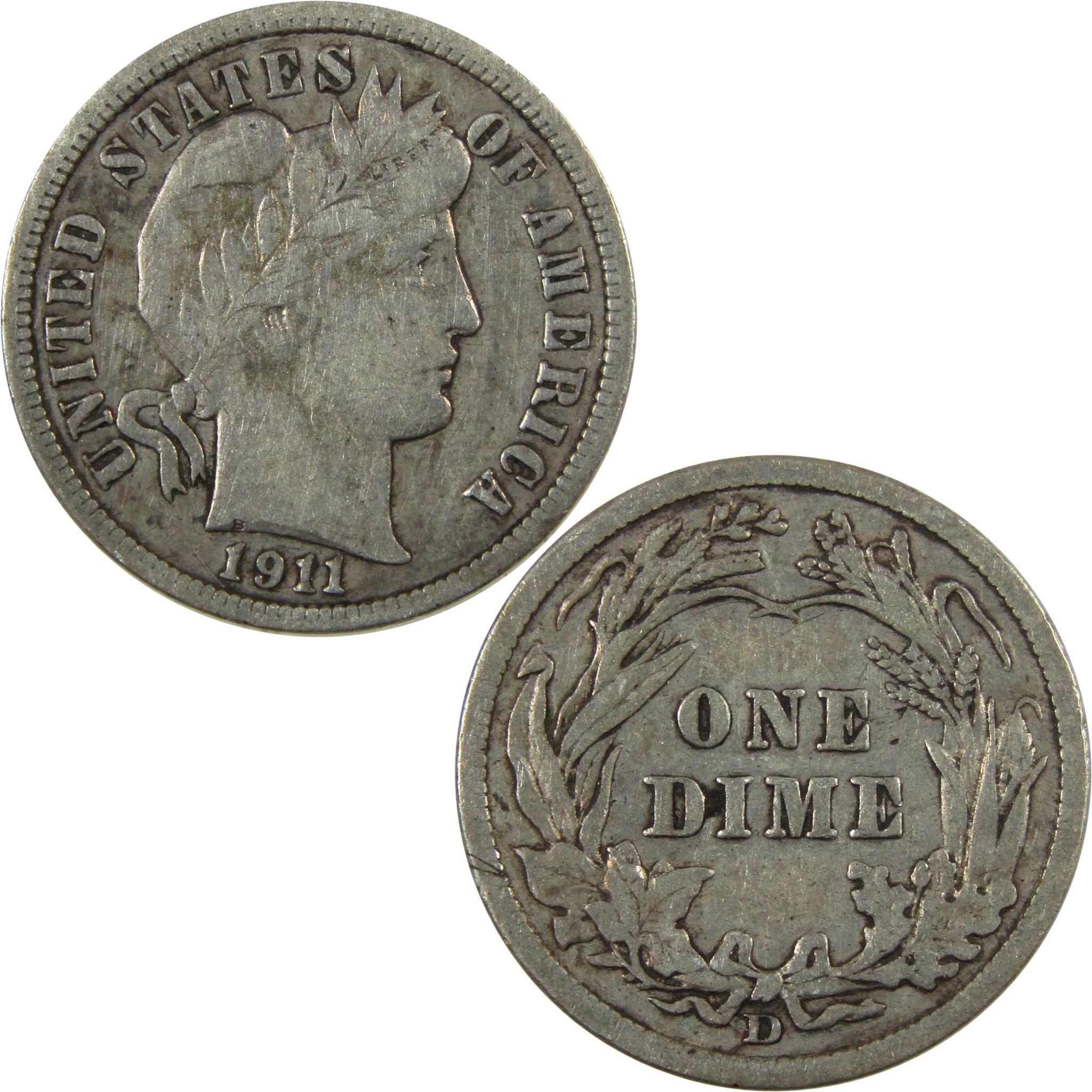 1911 D Barber Silver Dime VF Very Fine 10c Coin Collectible SKU:CP1335