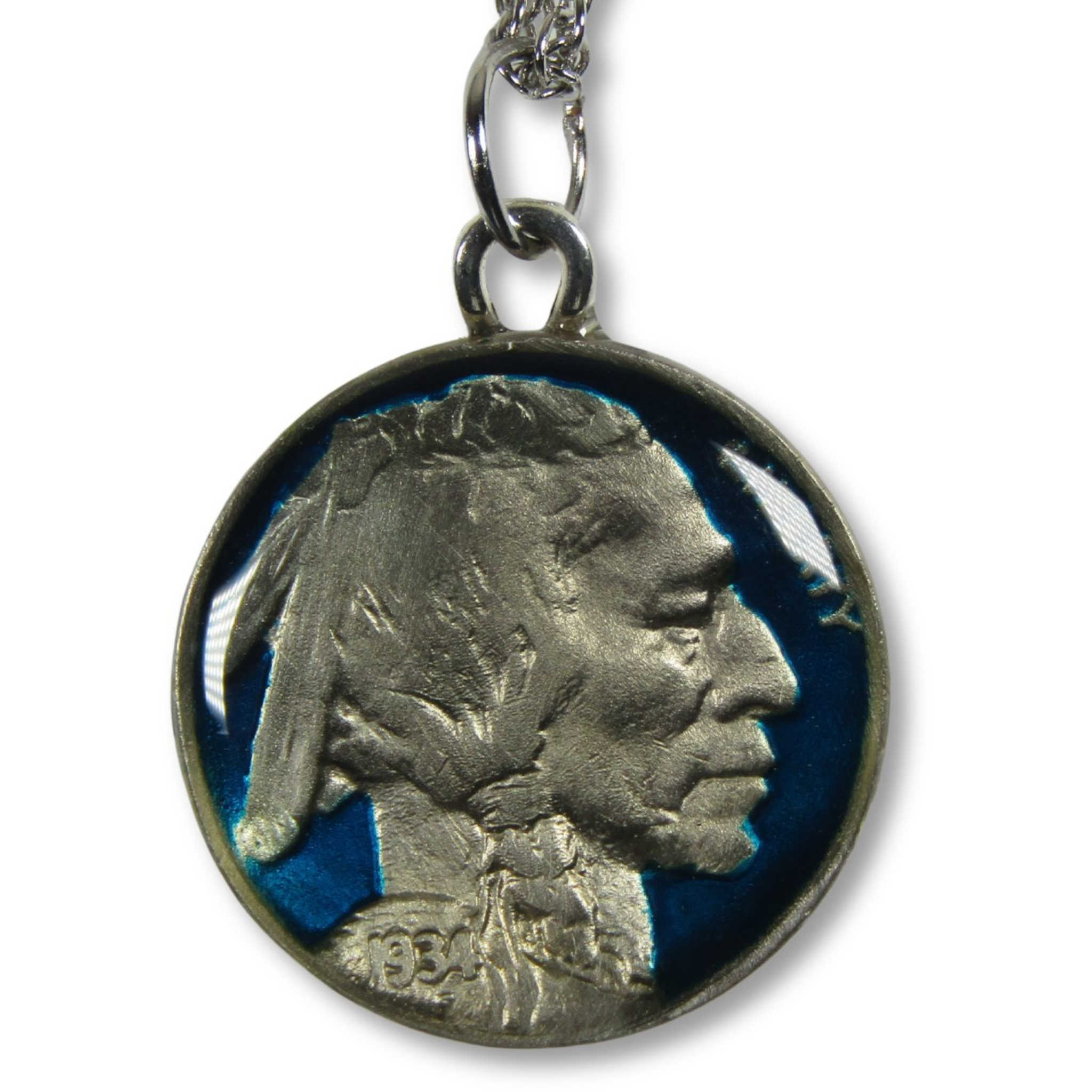 Enameled Buffalo Nickel Necklace with Silver-Plated Chain