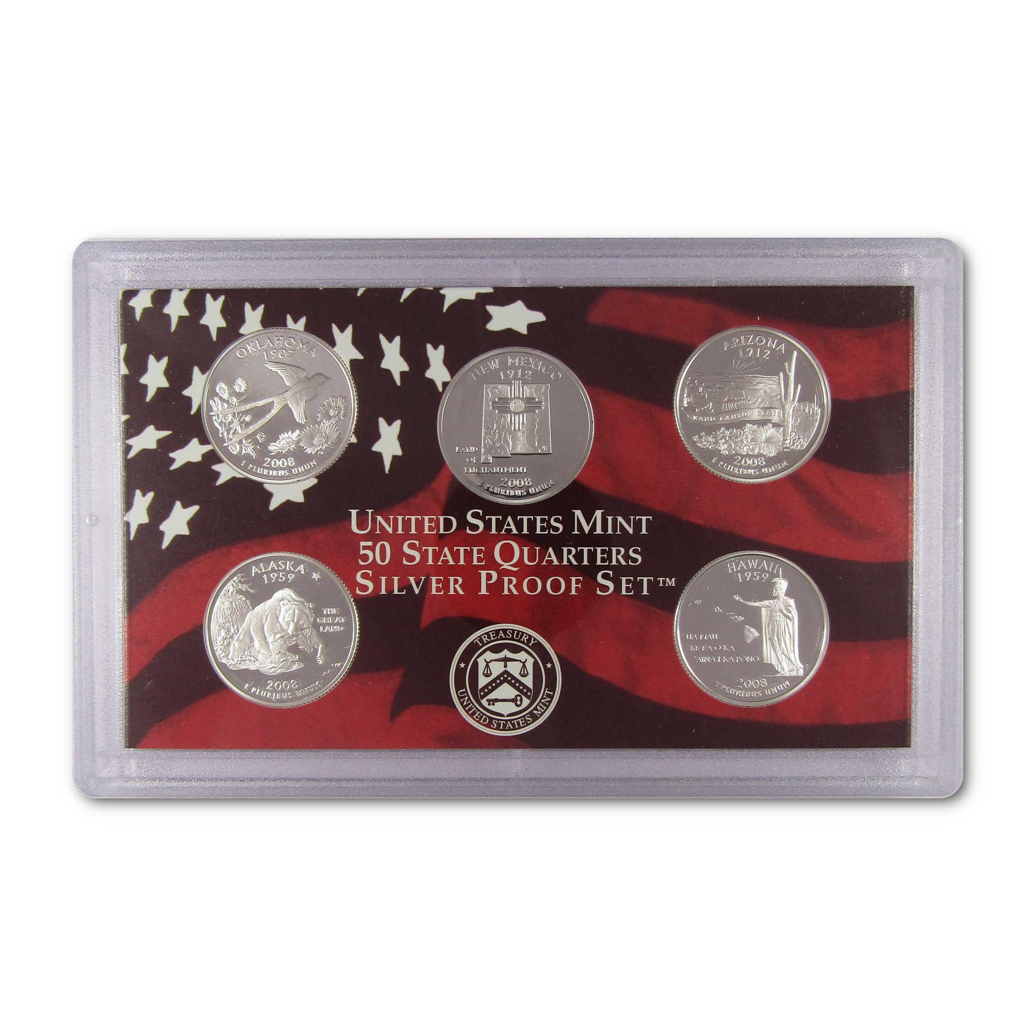 United States Mint 50 State Quarters Silver Proof Set in display case with five collectible coins