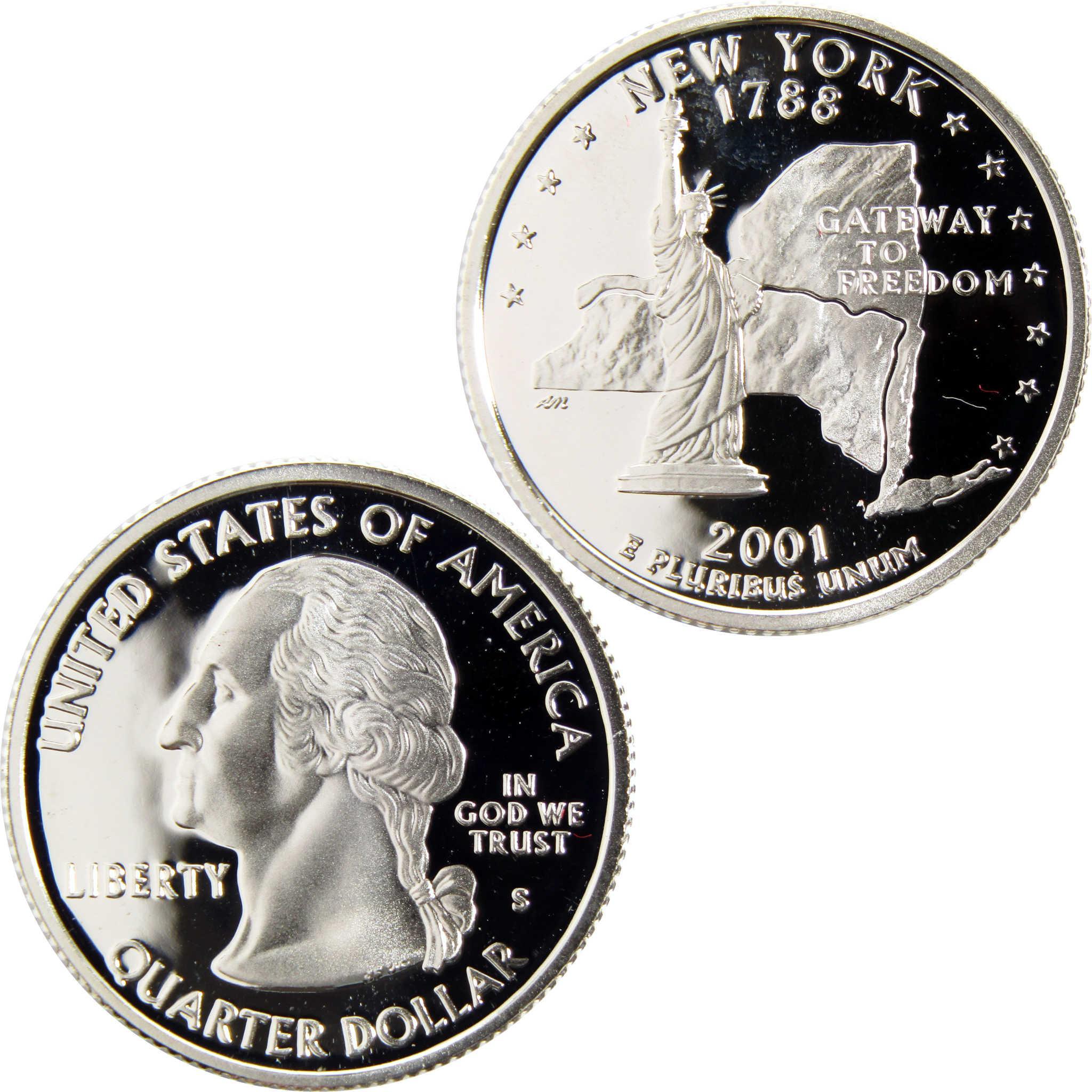 2001 New York state quarter dollar coin showing George Washington and Statue of Liberty design