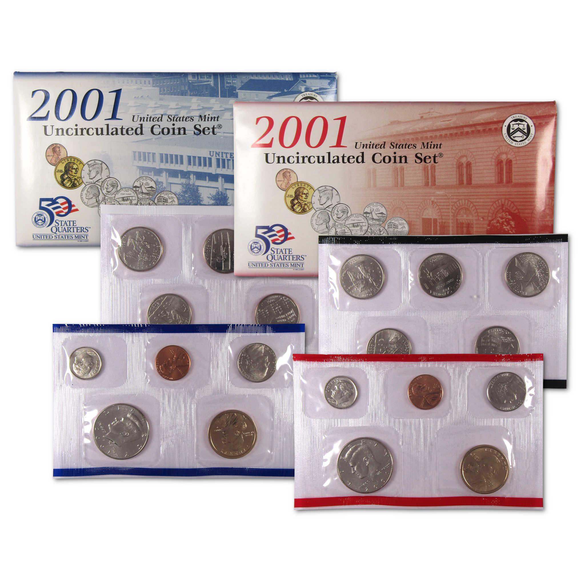 2001 United States Mint uncirculated coin set with sealed collectible coins and packaging.