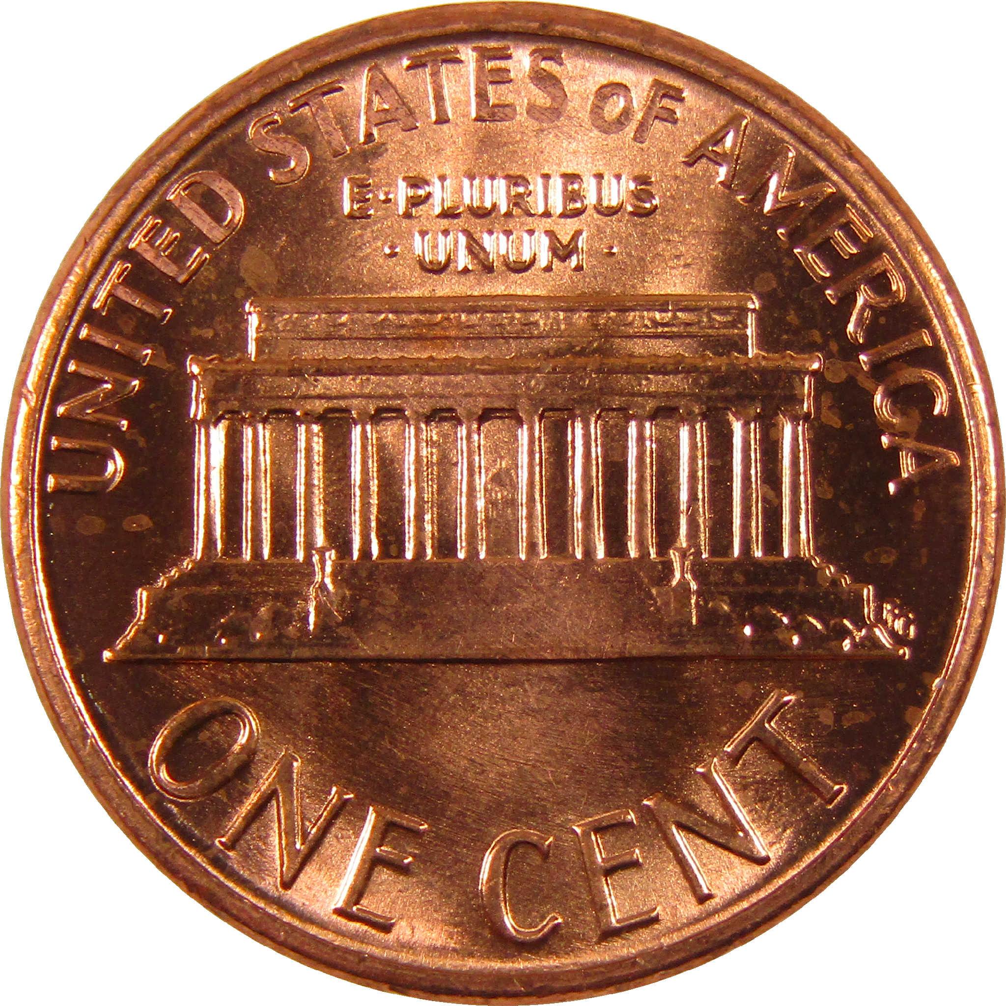 Reverse side of a US Lincoln Memorial one cent coin, copper color, collectible currency