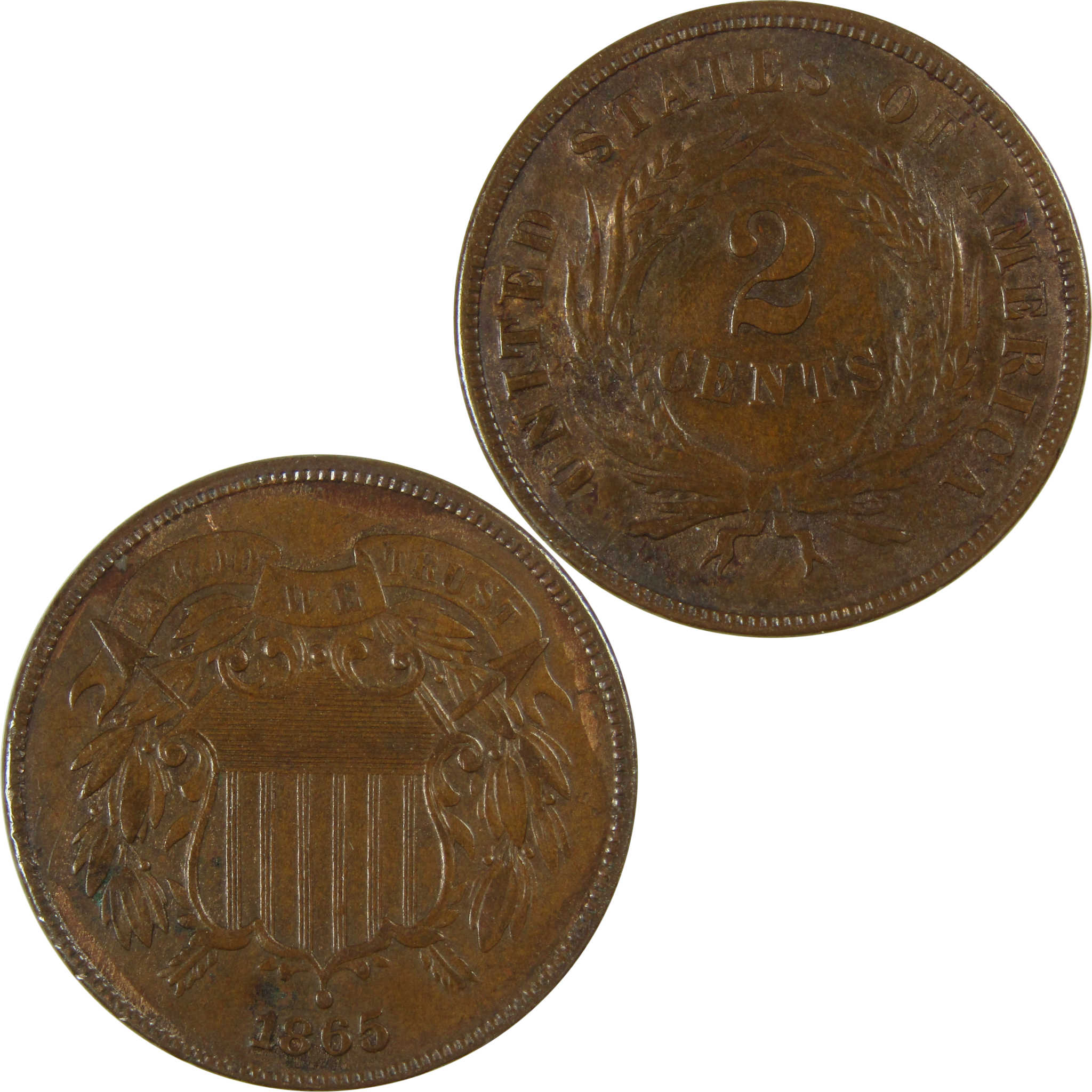1865 Two Cent Piece AU About Uncirculated 2c Coin SKU:I27459