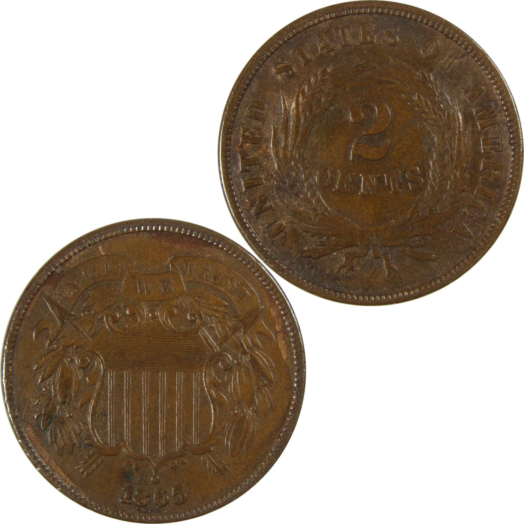 1865 Two Cent Piece AU About Uncirculated 2c Coin SKU:I27459