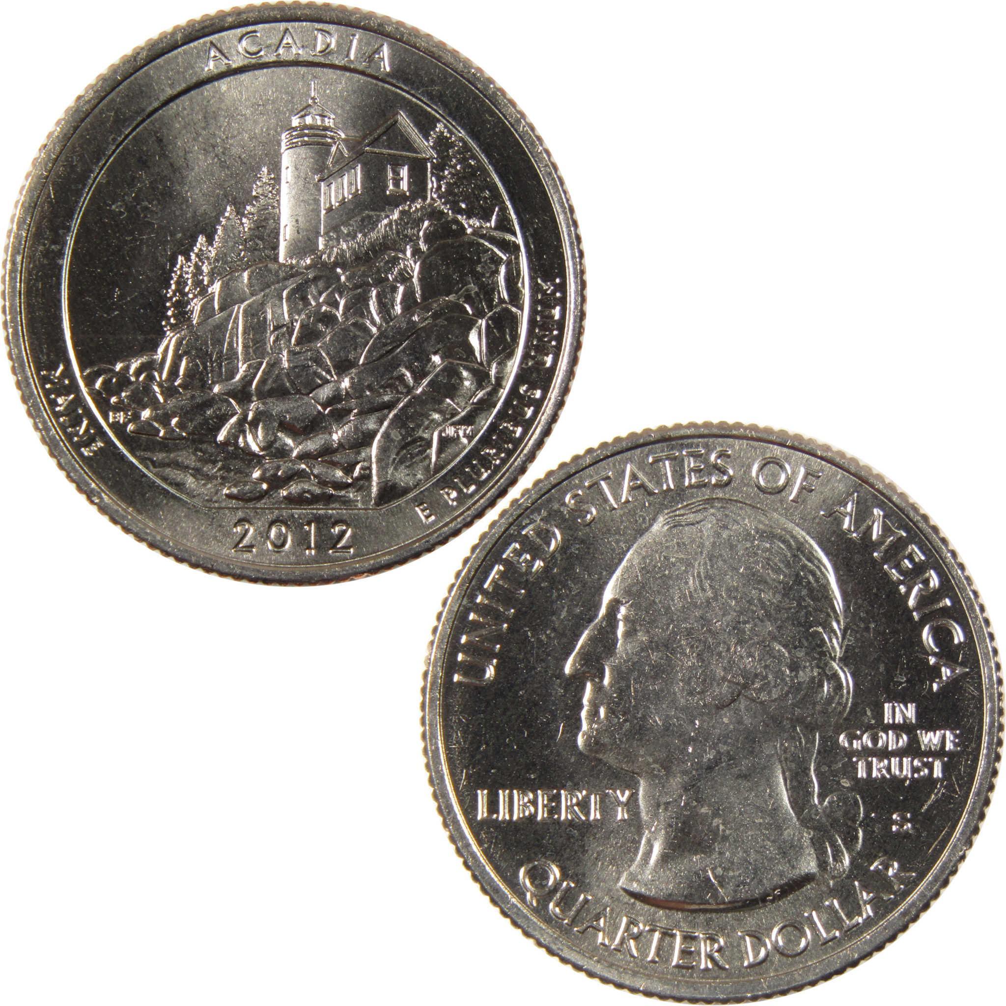 2012 Acadia National Park quarter, collectible US coin, lighthouse and Washington portraits