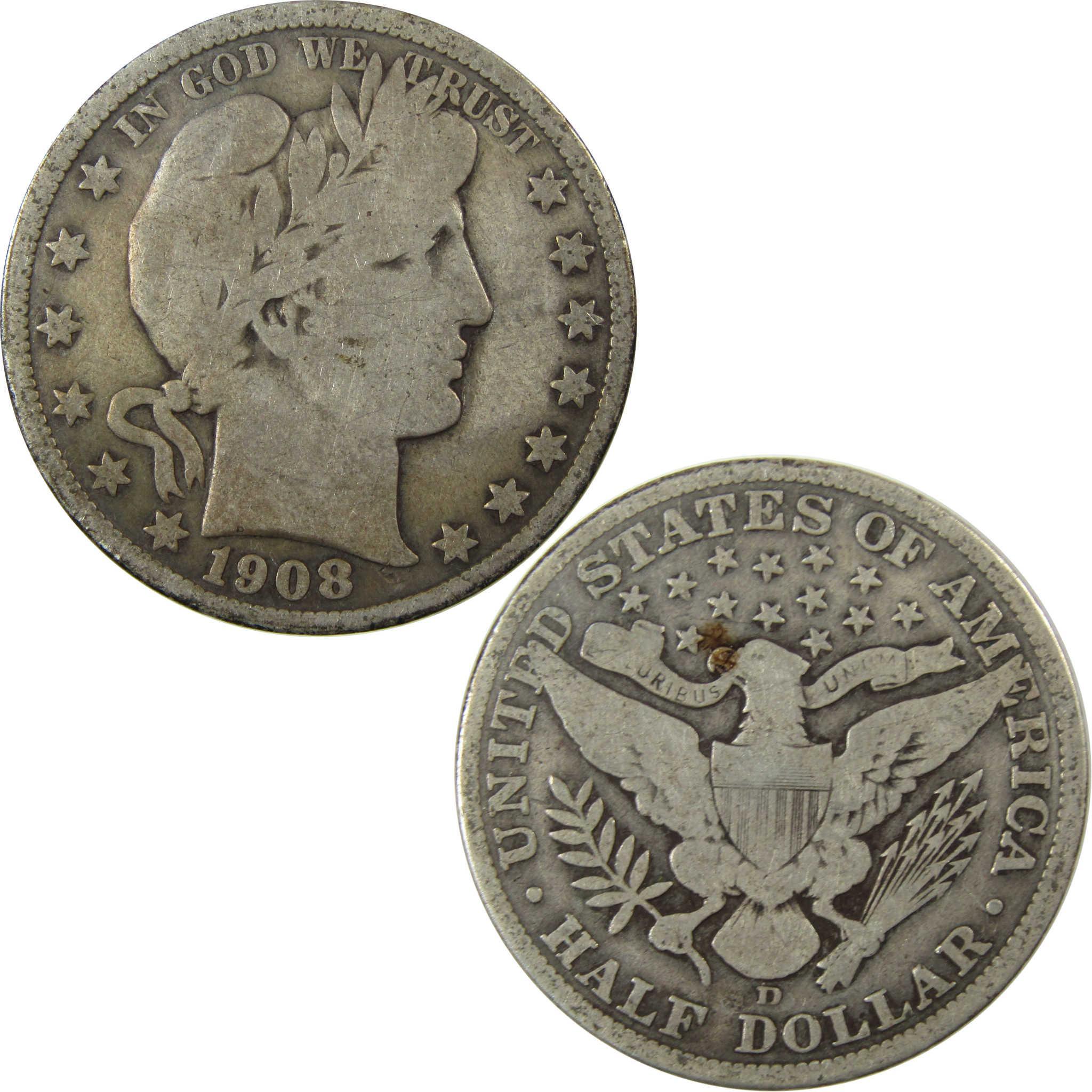 1908 D Barber Silver Half Dollar G Good Details 50c Coin SKU:I25819