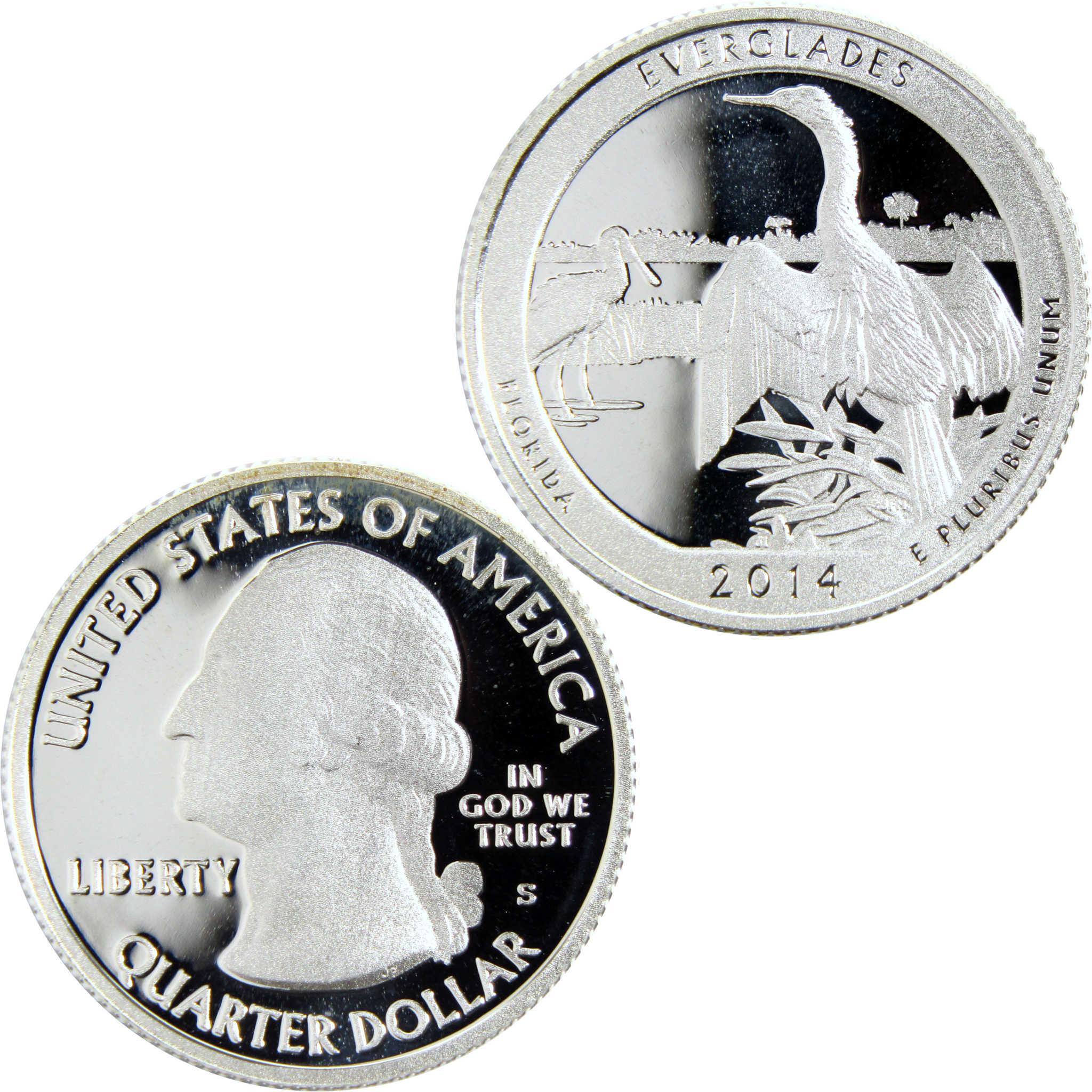 2014 Everglades Florida quarter dollar proof coin with heron and Washington profile