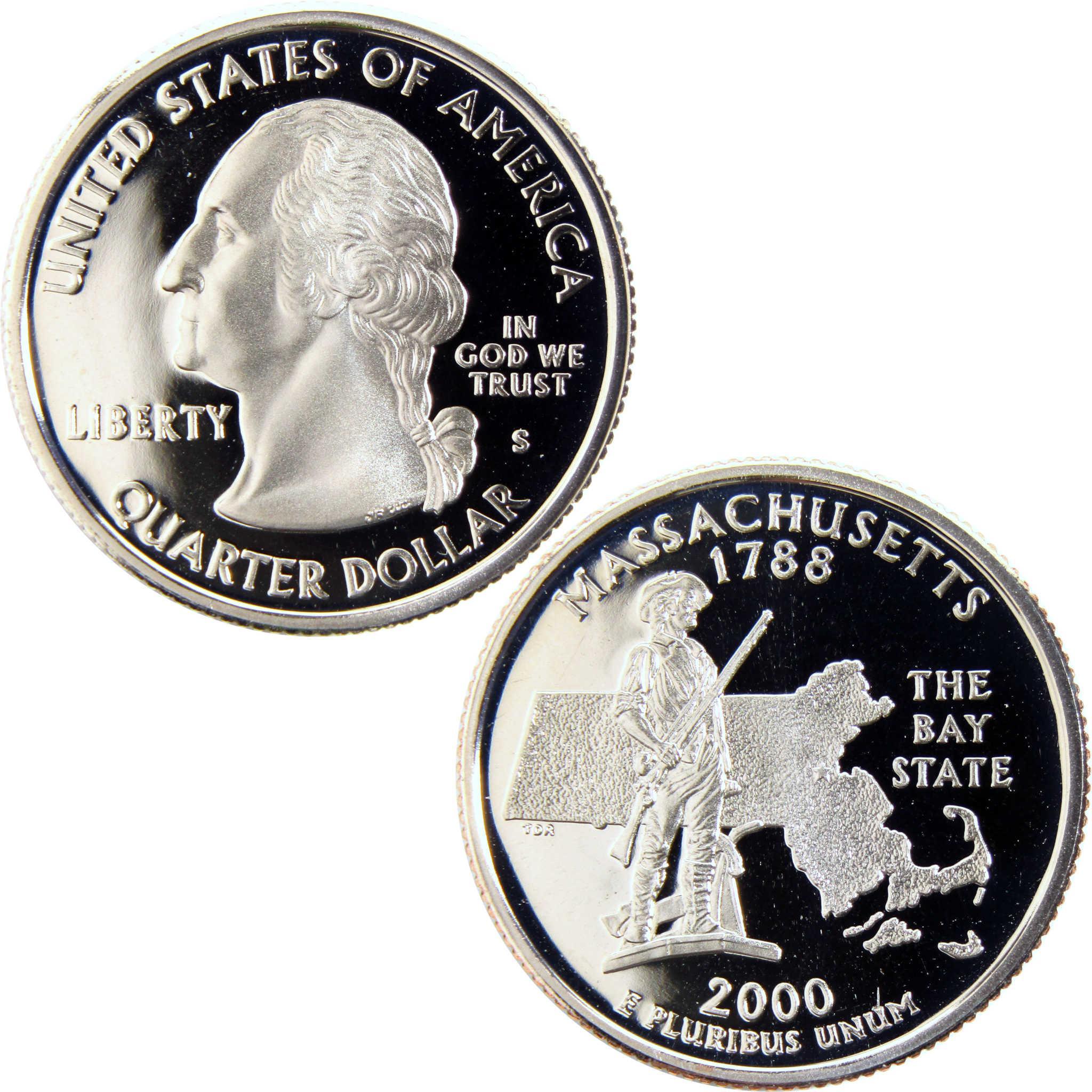 2000 Massachusetts state quarter collectible coin with George Washington and Minuteman design
