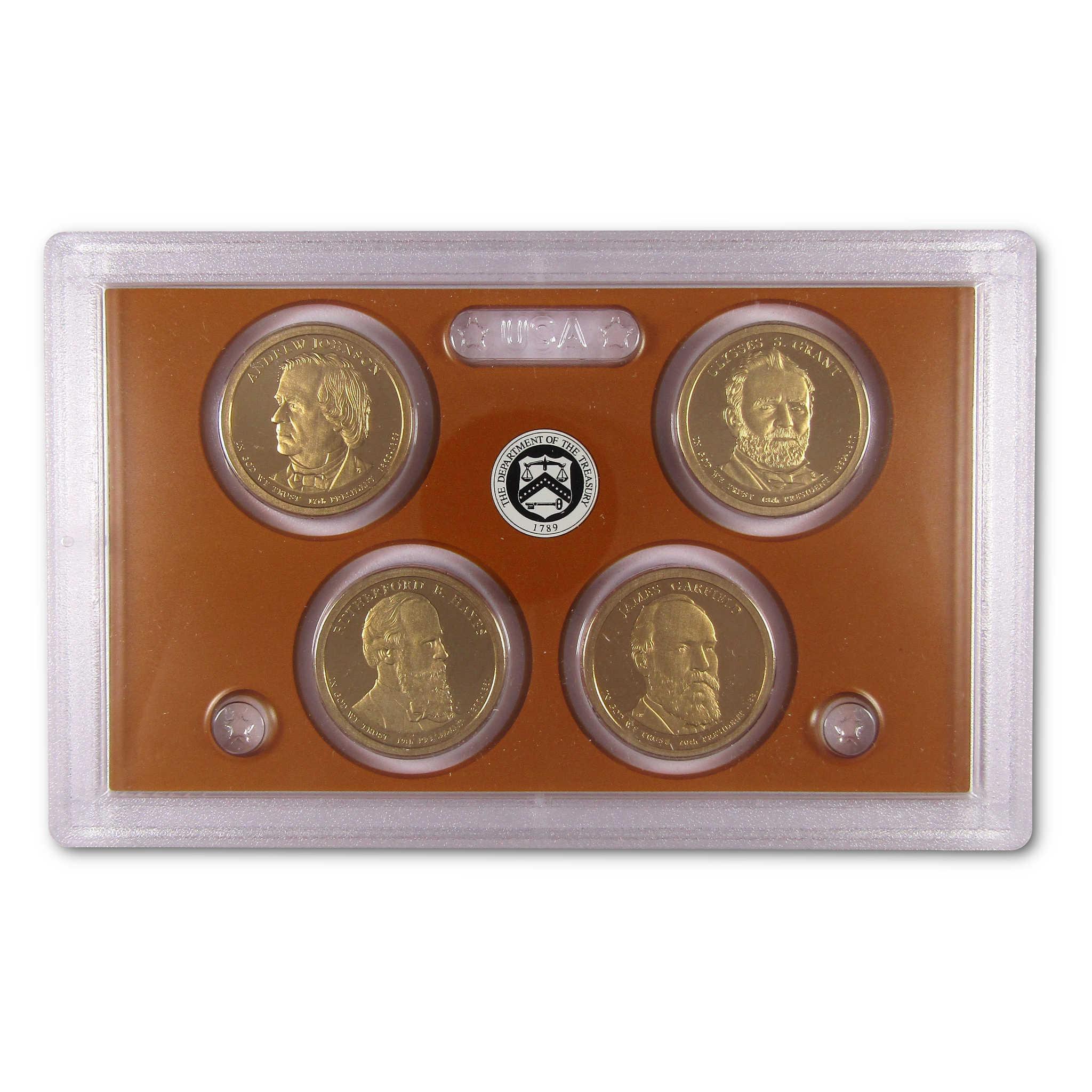 US presidential dollar coin set in collectible protective case, four gold coins displayed
