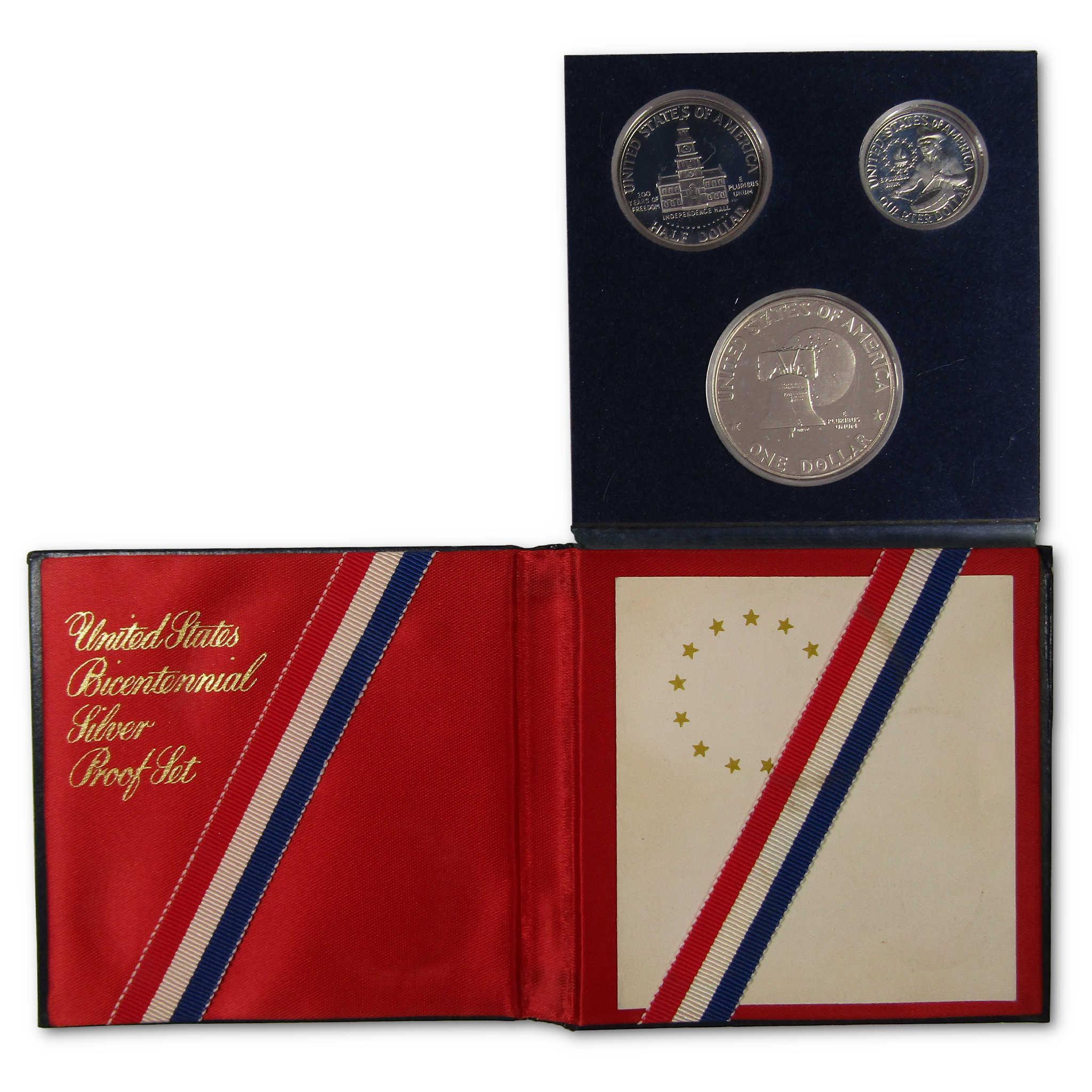 United States Bicentennial silver proof coin set in red, white, and blue display case.