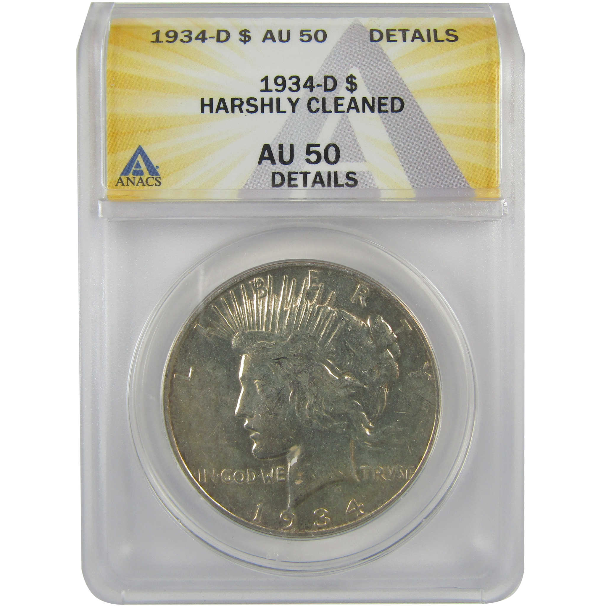 1934 D Peace Dollar AU 50 Details ANACS Silver $1 Coin SKU:I21585