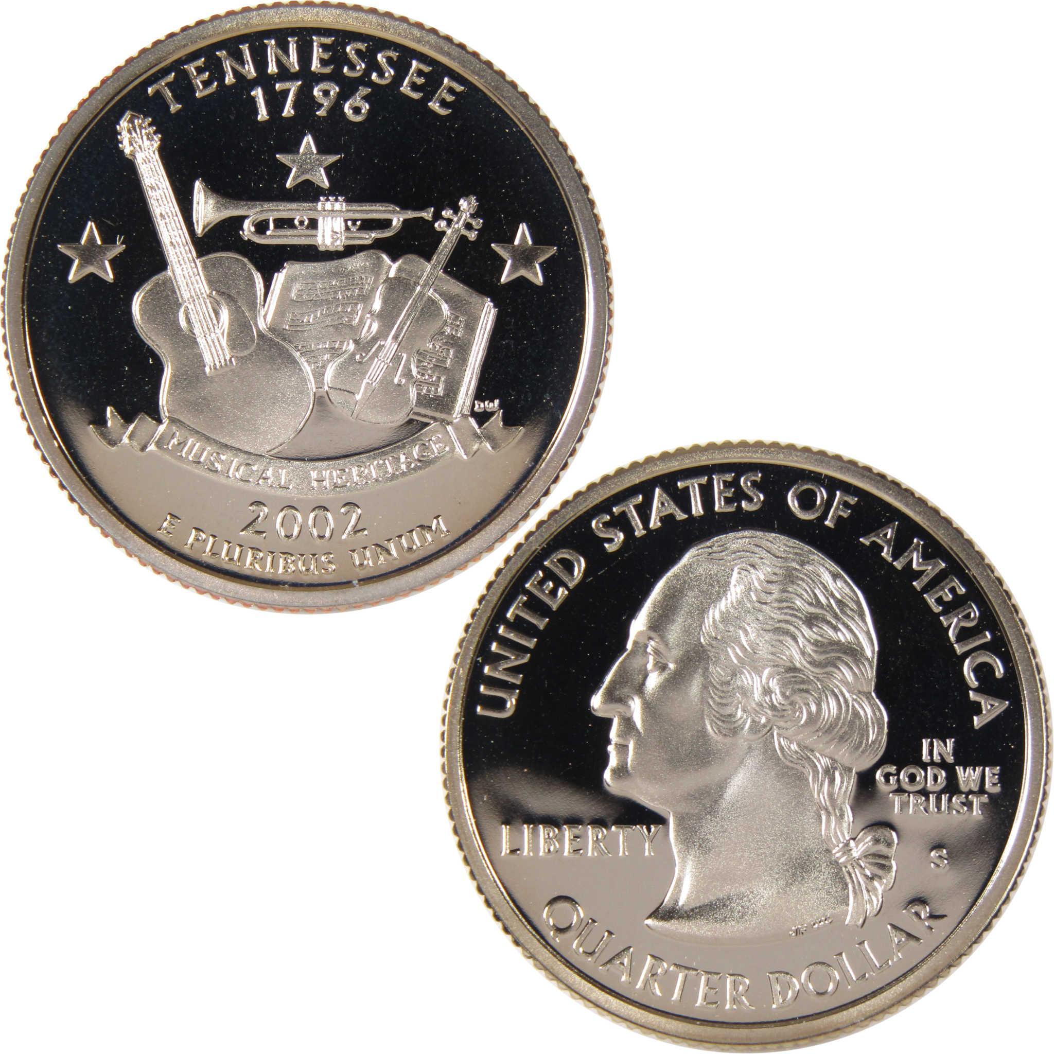 2002 Tennessee state quarter featuring musical instruments and Washington portrait, collectible coin