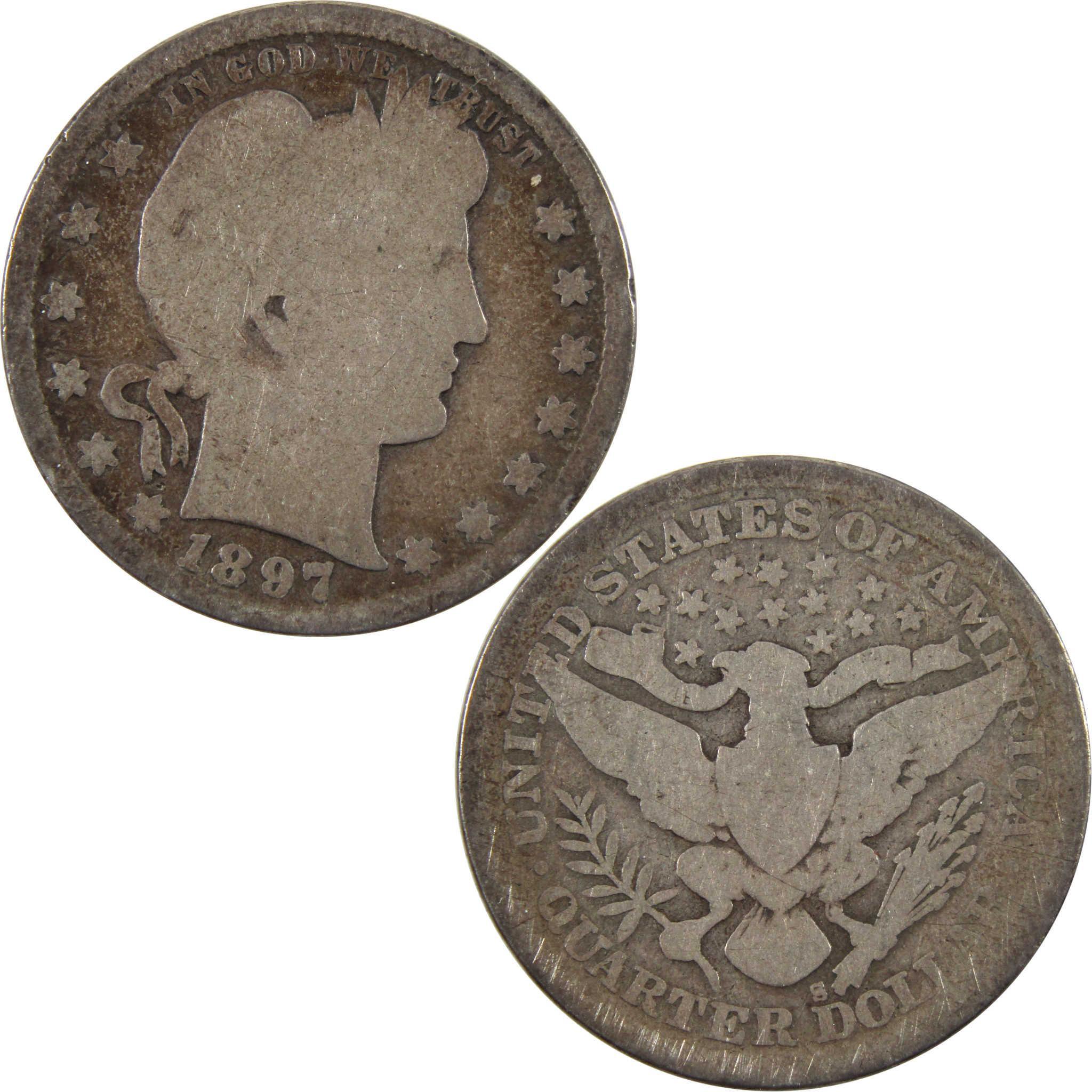 1897 S Barber Quarter G Good 90% Silver 25c Coin SKU:I10275