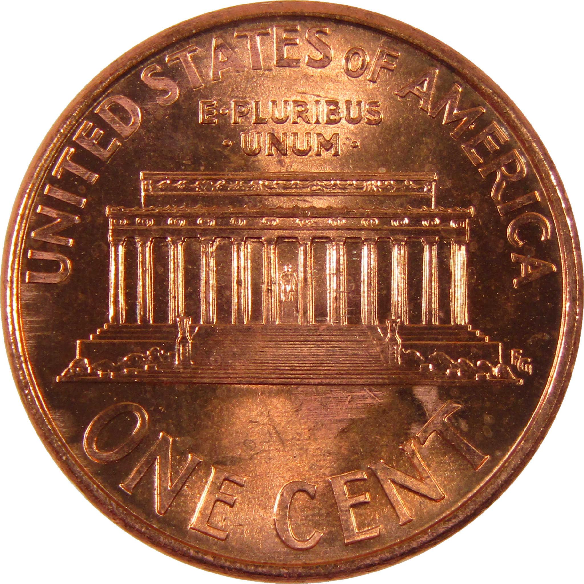 Reverse side of US Lincoln Memorial penny collectible coin, copper one cent currency.