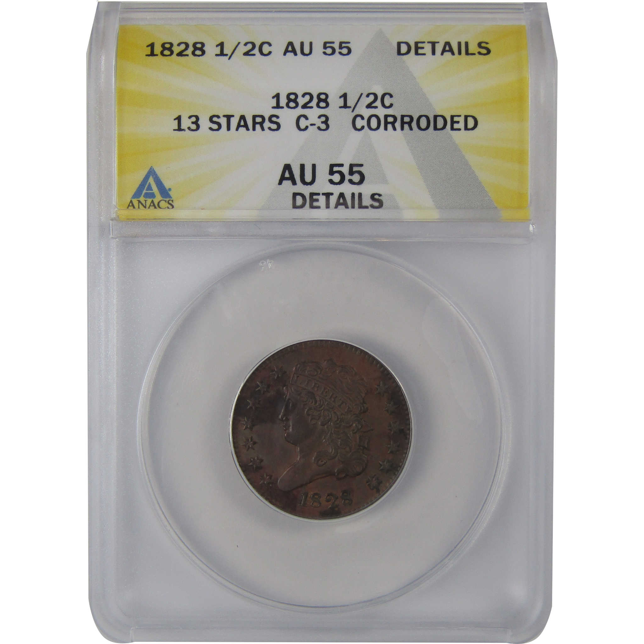 1828 13 Stars C-3 Classic Head Half Cent AU 55 Details ANACS SKU:CP180