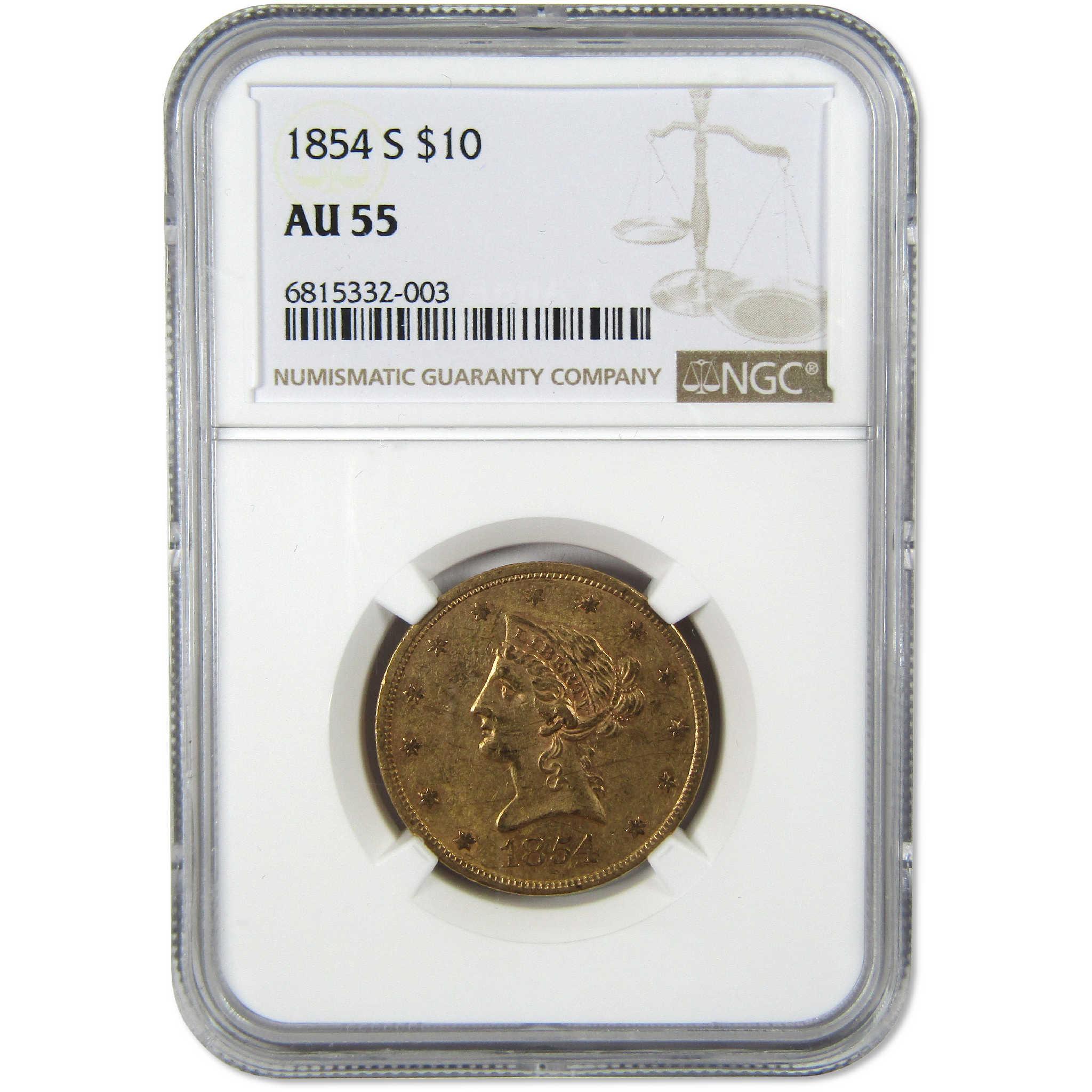 1854 S Liberty Head Gold $10 Eagle AU 55 NGC Coin Collectible