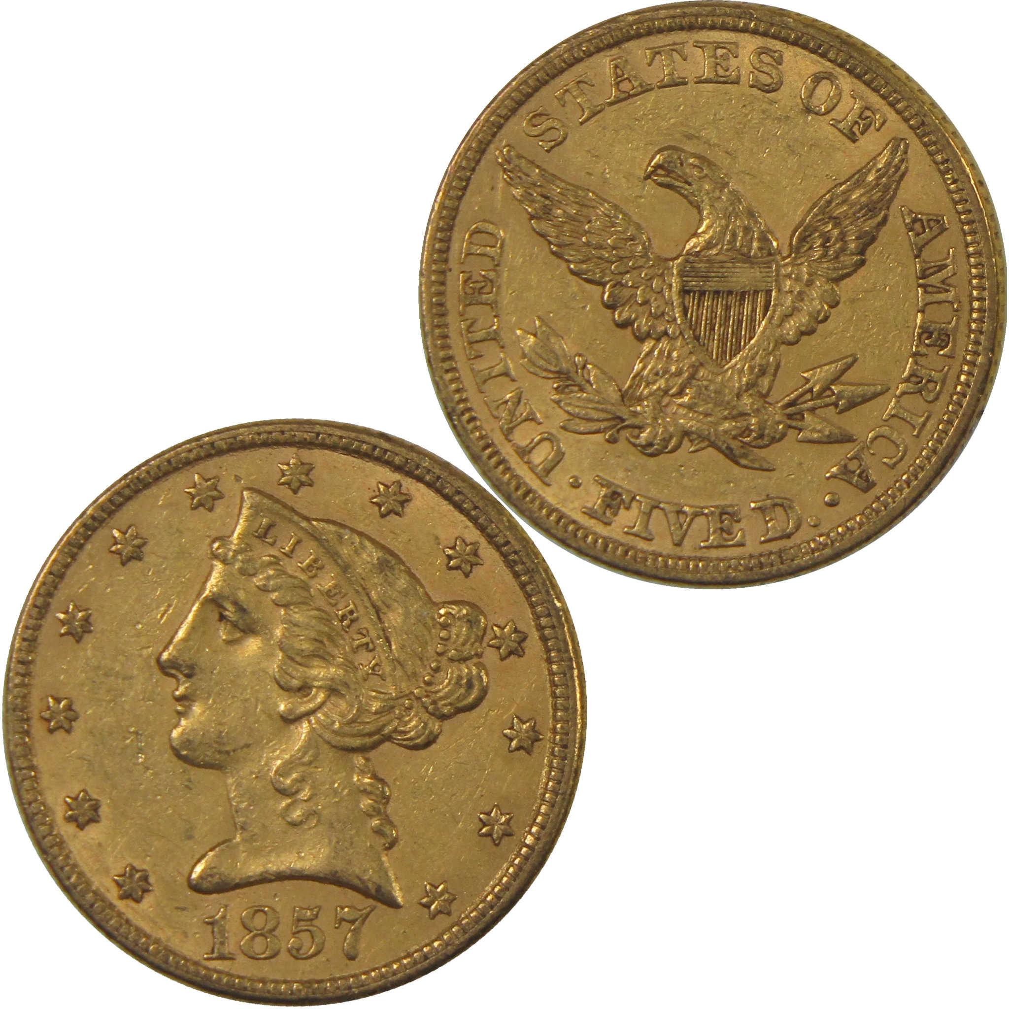 1857 Liberty Head Gold Half Eagle AU About Uncirculated $5 Coin