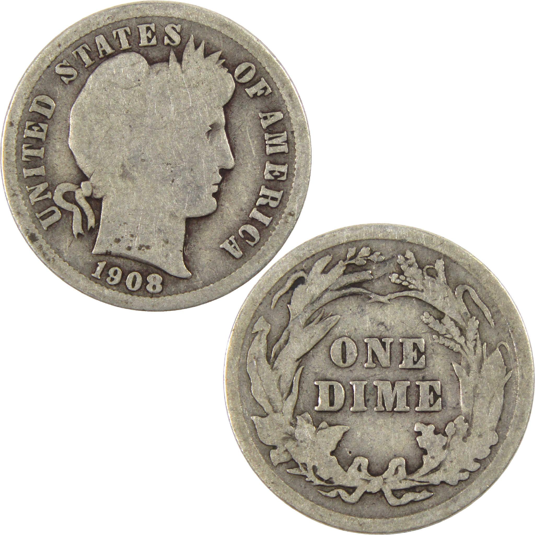 1908 Barber Dime G Good Silver 10c Coin