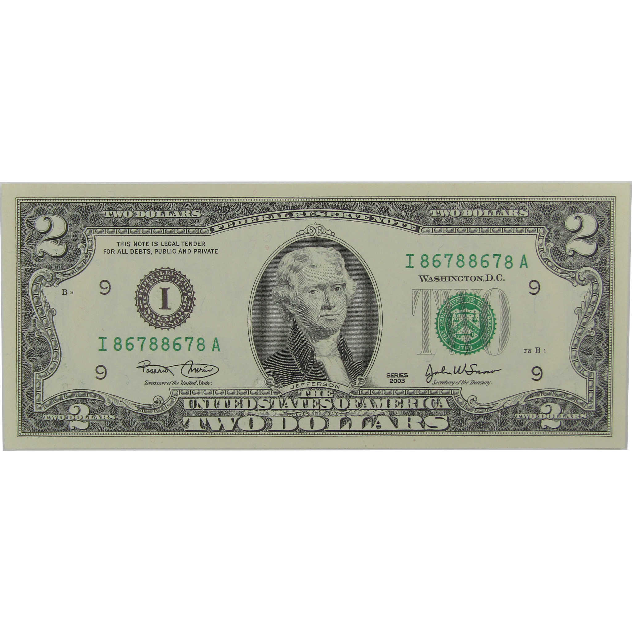 2003 $2 Federal Reserve Repeater Note CCU Choice Crisp Uncirculated