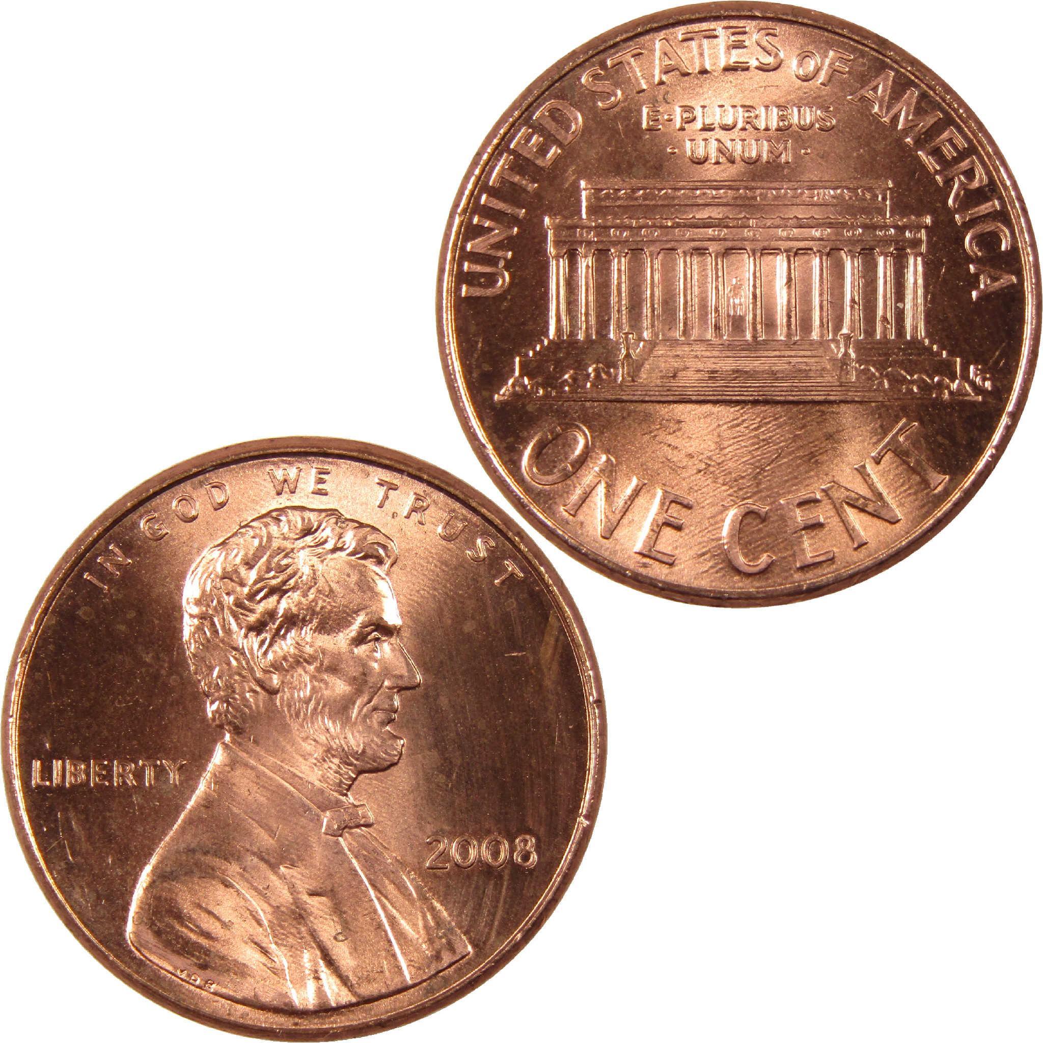 2008 Lincoln penny collectible coin, obverse with Abraham Lincoln, reverse with Lincoln Memorial