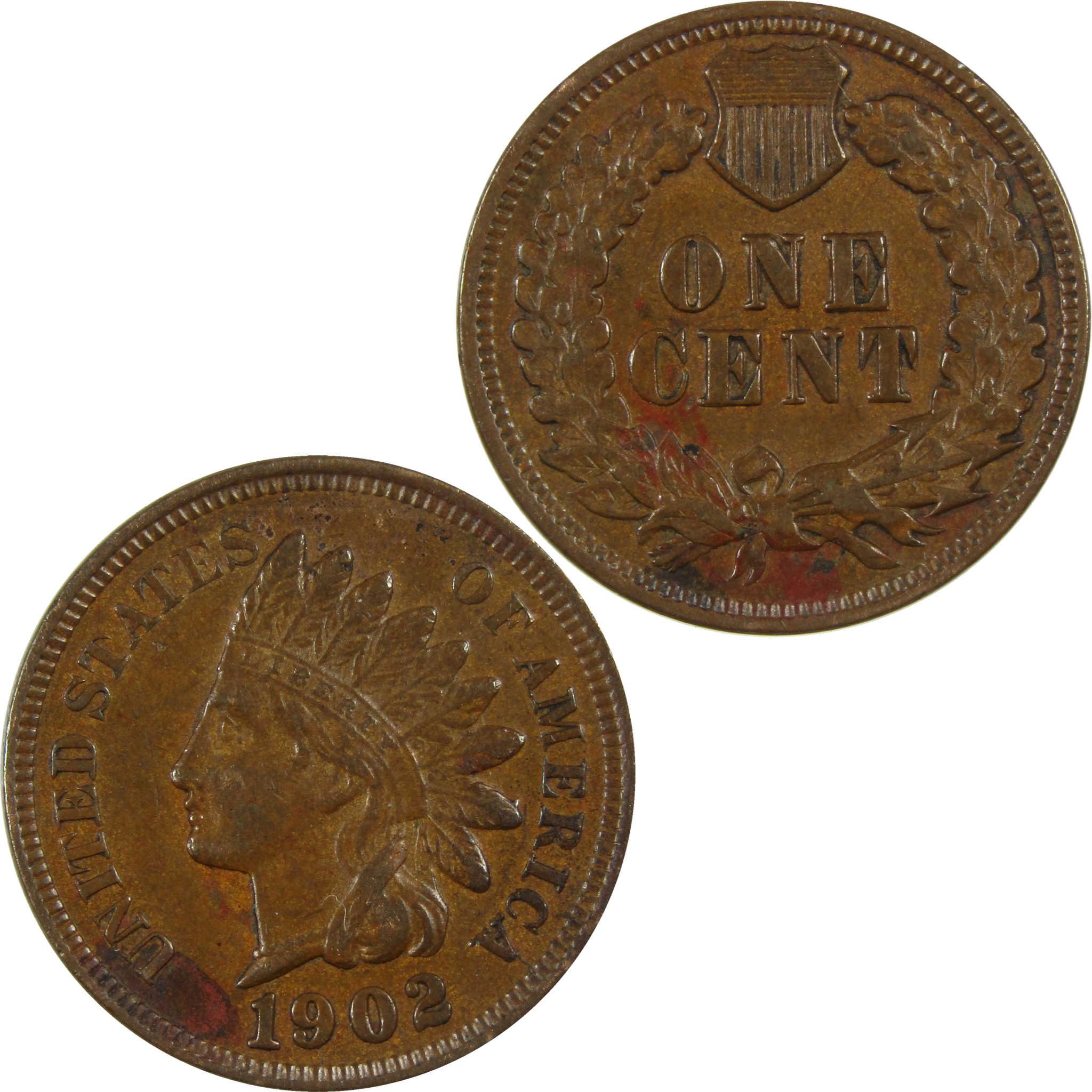1902 Indian Head Cent AU About Uncirculated Details Penny SKU:I27029