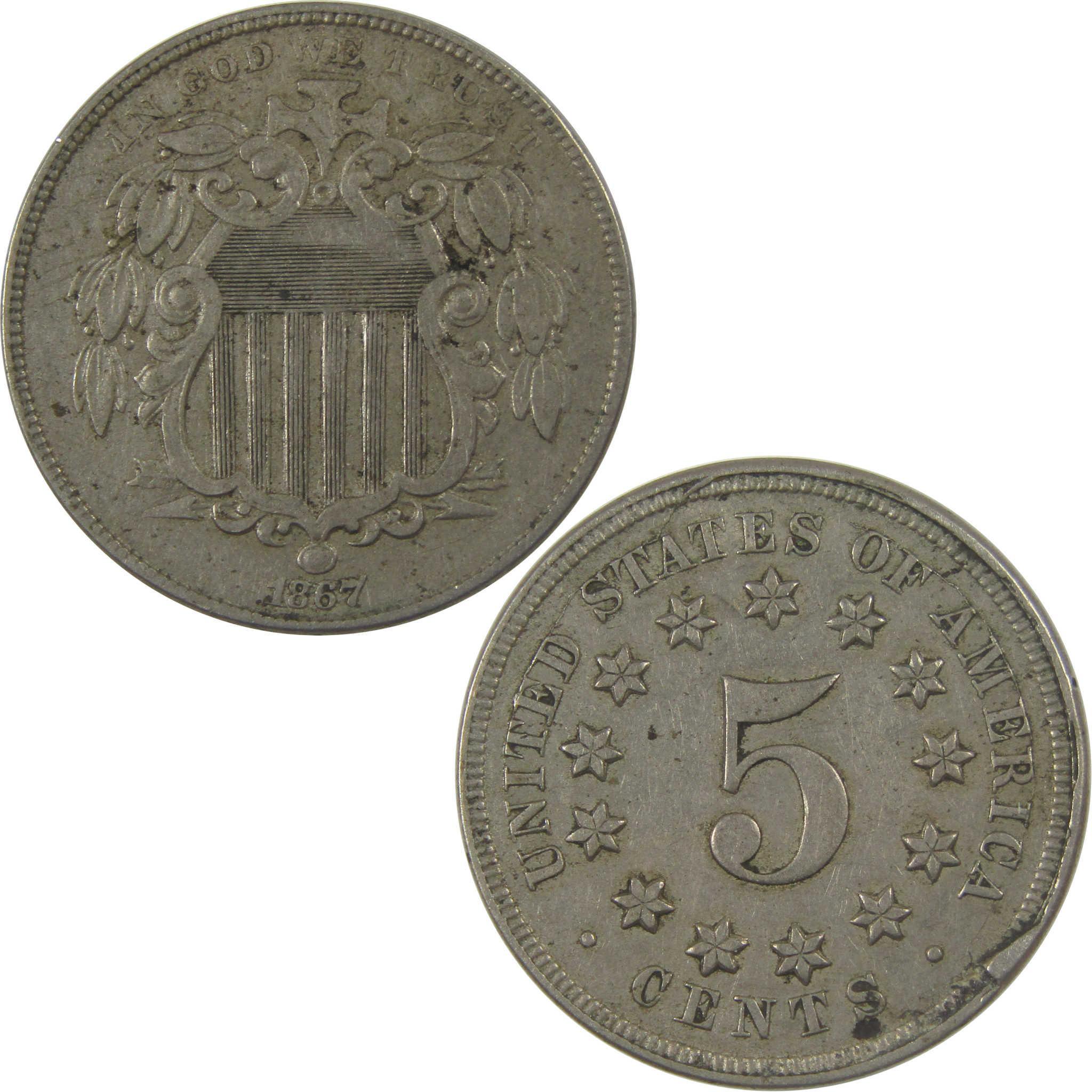 1867 No Rays Shield 5c XF EF Extremely Fine Cud Mint Error SKU:I24569