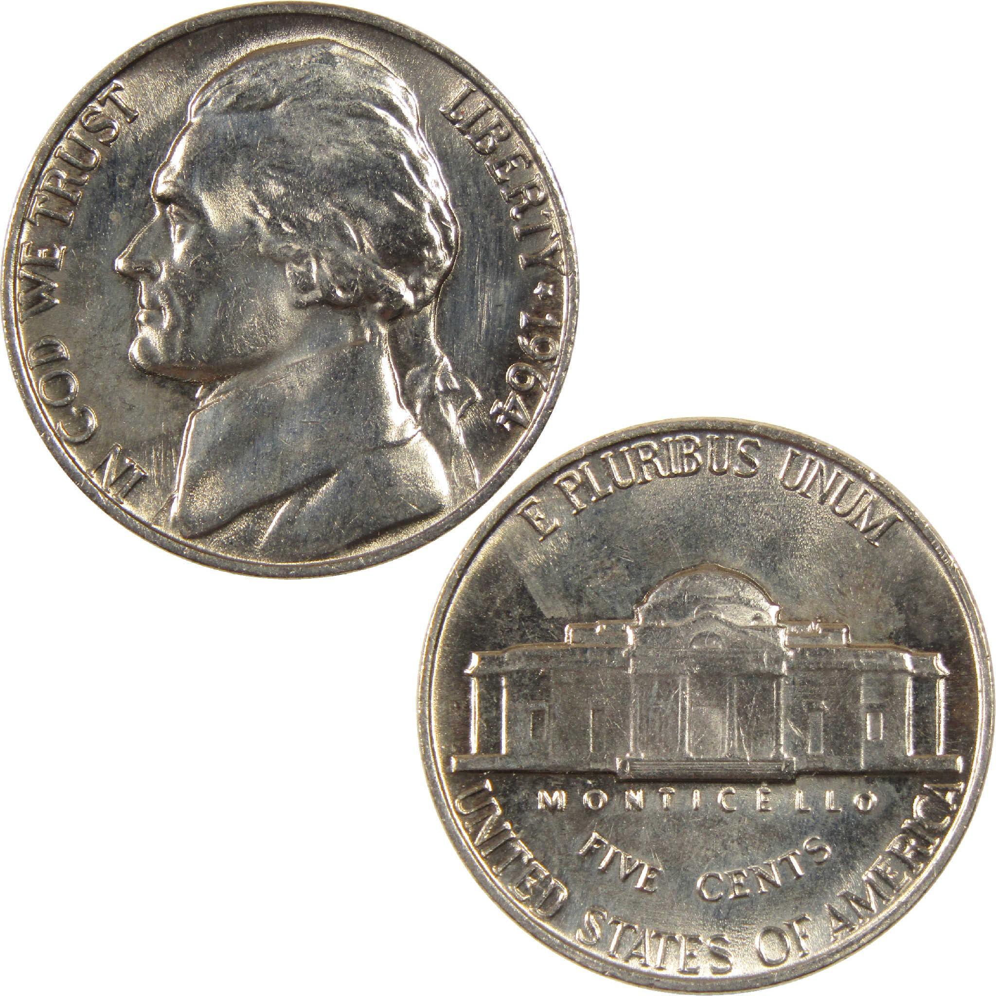 1964 Jefferson nickel showing obverse portrait and reverse Monticello design for collectors