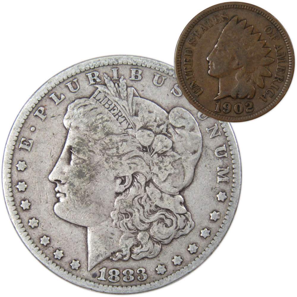 1883 Morgan Silver Dollar F Fine with 1902 Indian Head Cent Good - Morgan coin - Morgan silver dollar - Morgan silver dollar for sale - Profile Coins & Collectibles