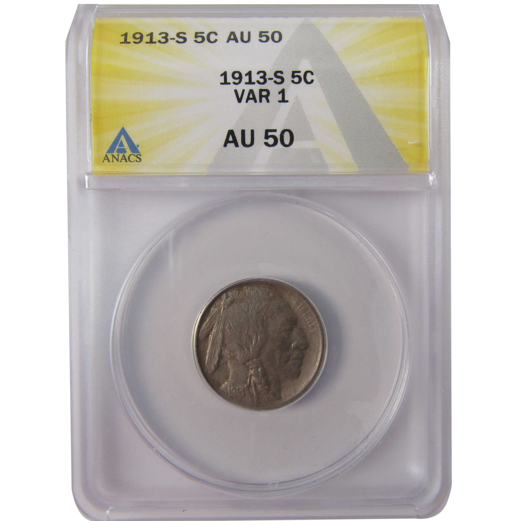 1913 S Type 1 Indian Head Buffalo Nickel AU 50 ANACS SKU:I25621
