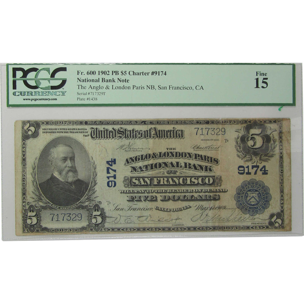 1902 $5 National Banknote Fr 600 San Francisco CA Choice Fine 15 PCGS