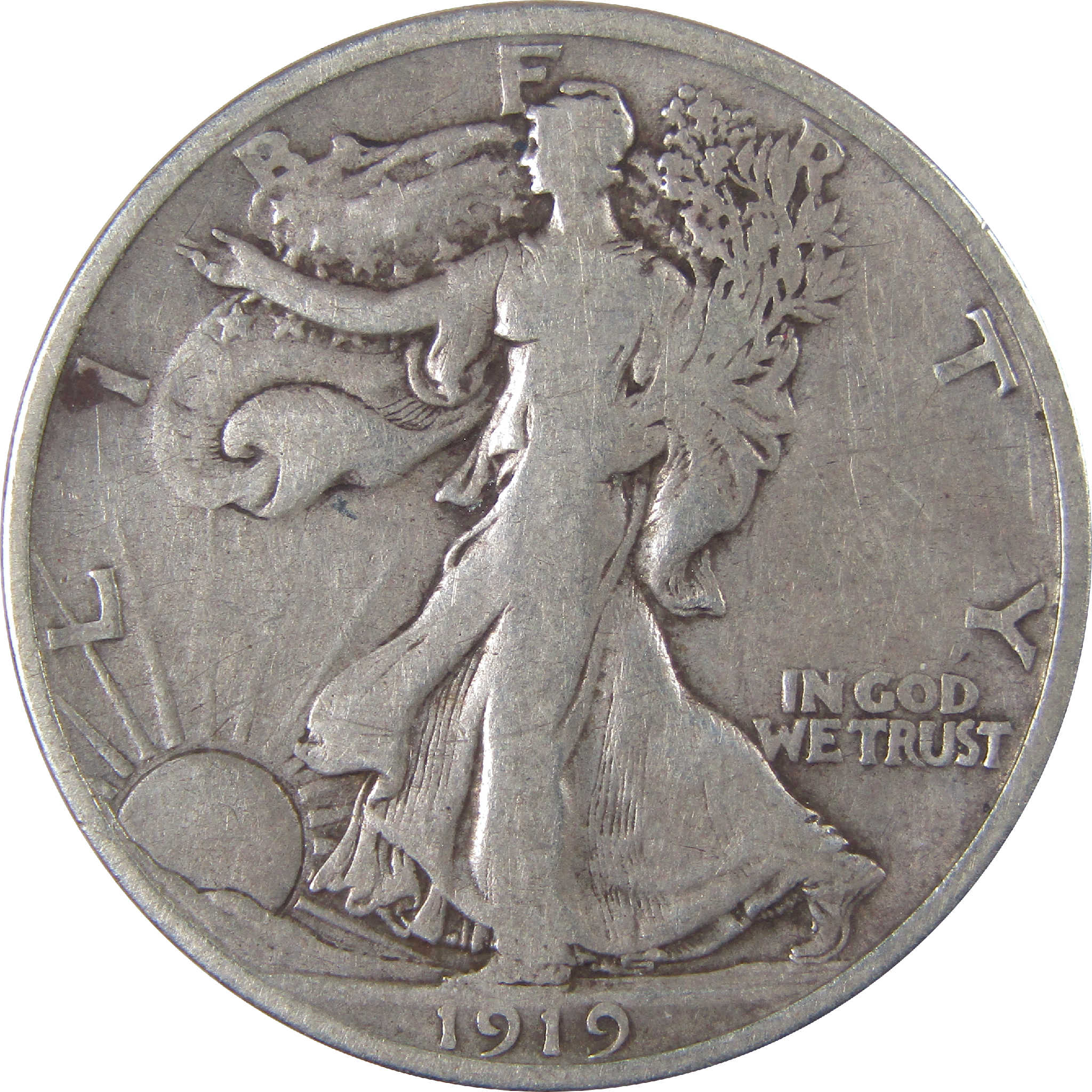 1919 D Liberty Walking Half Dollar F Fine Silver 50c Coin SKU:I18122
