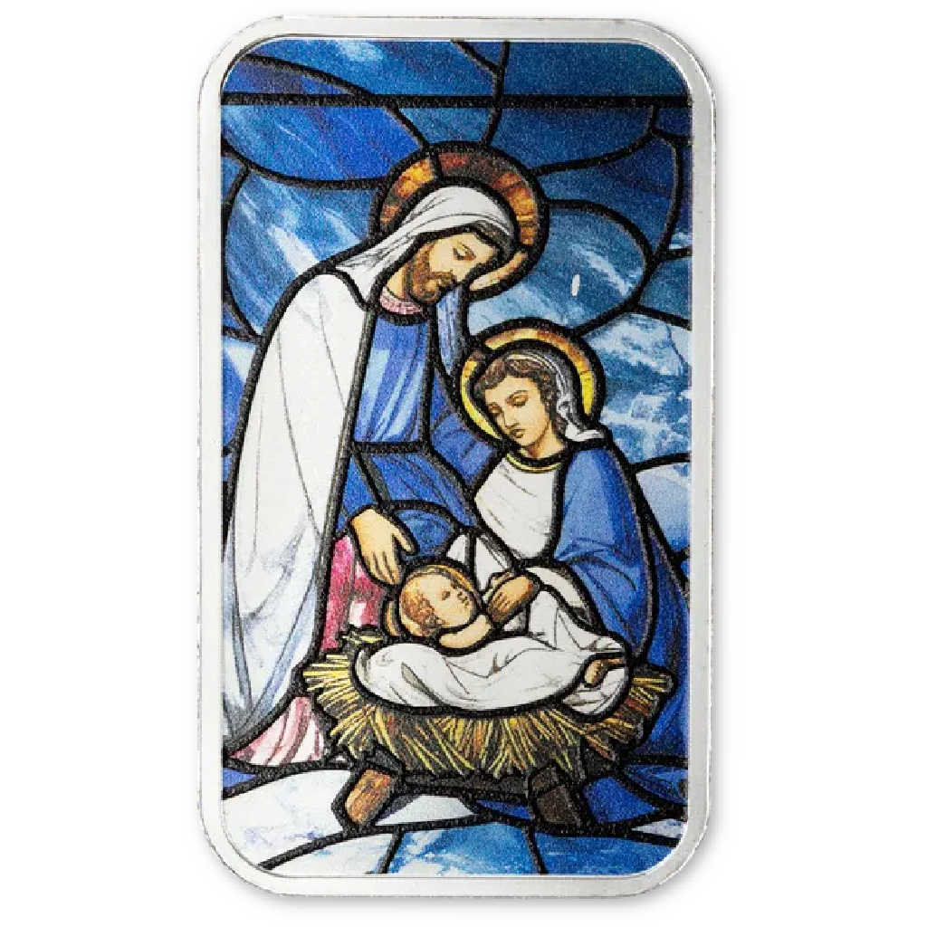 2025 Nativity Scene Colorized 1 oz Silver Bar Stained Glass Design