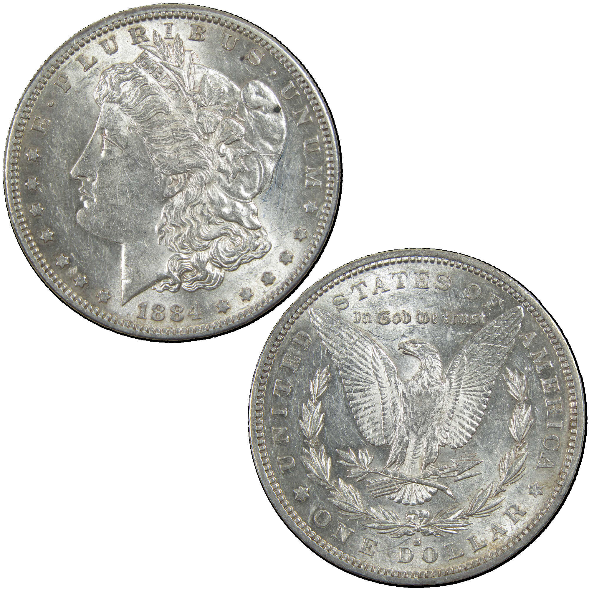 1884 S Morgan Dollar About Unc Details Silver Scratches SKU:I12932 - Morgan coin - Morgan silver dollar - Morgan silver dollar for sale - Profile Coins & Collectibles