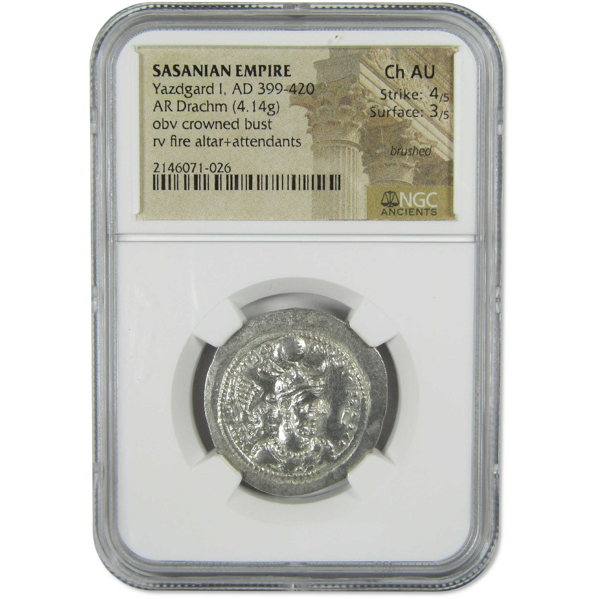 399-420 AD Yazdard I Sasanian Empire Silver Drachm CH AU NGC Ancient