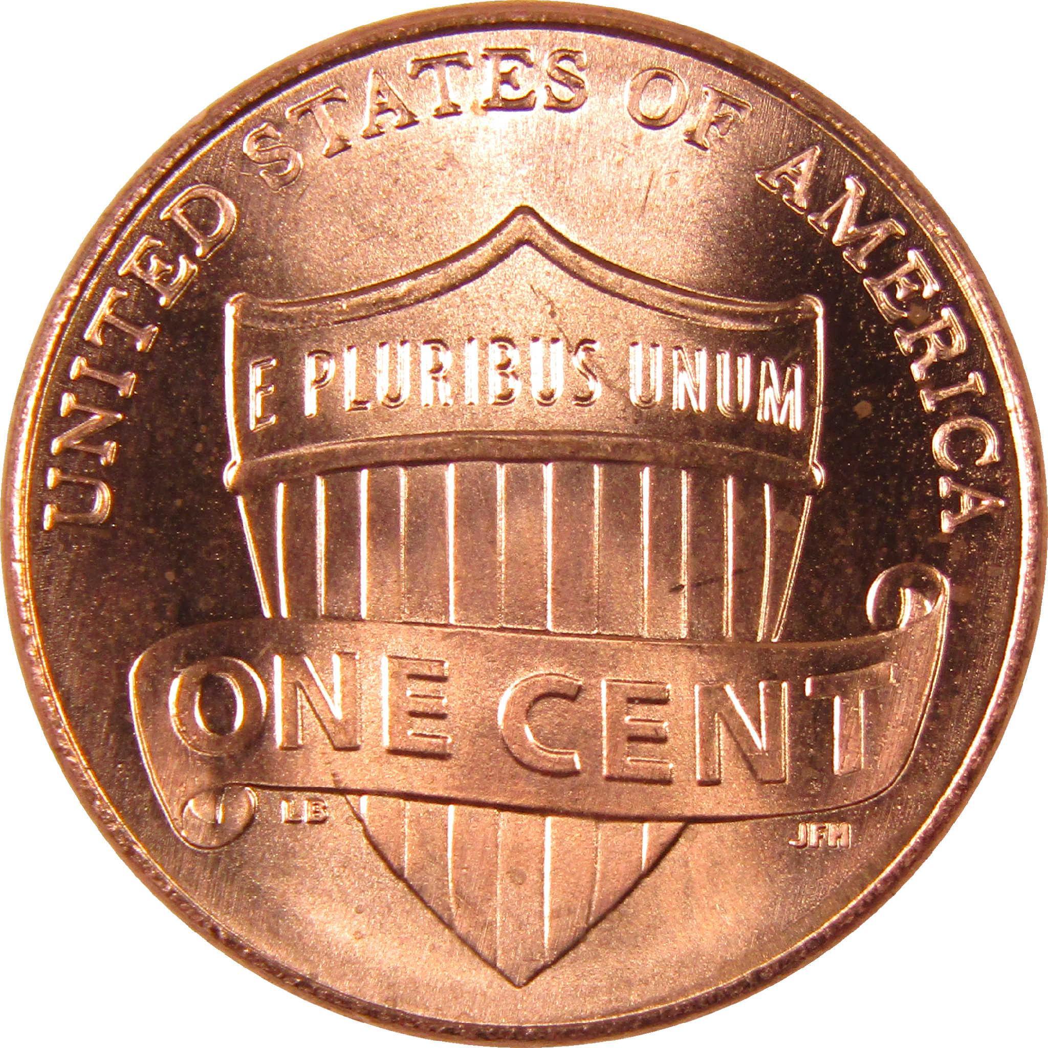 Reverse of a US one cent coin with shield design and E Pluribus Unum inscription