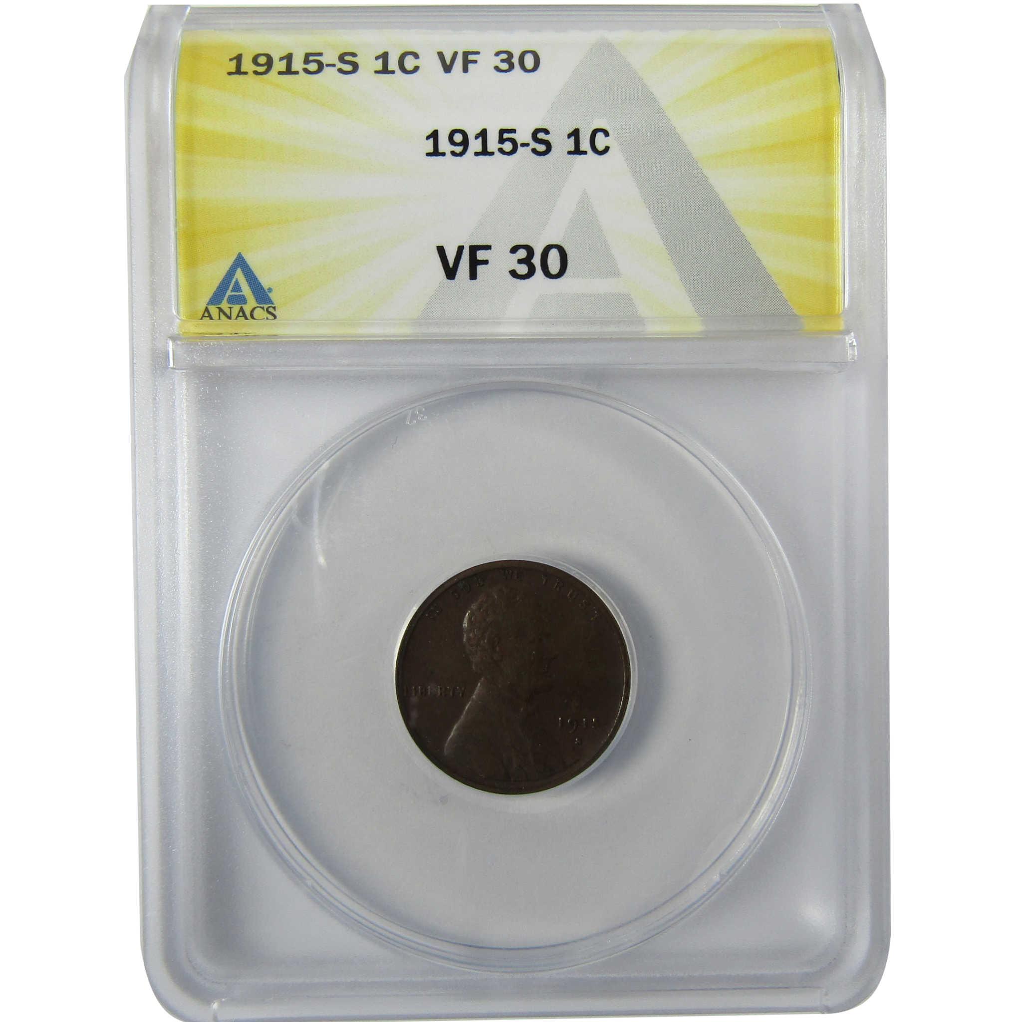 1915 S Lincoln Wheat Cent VF 30 ANACS Penny 1c Coin SKU:I27941
