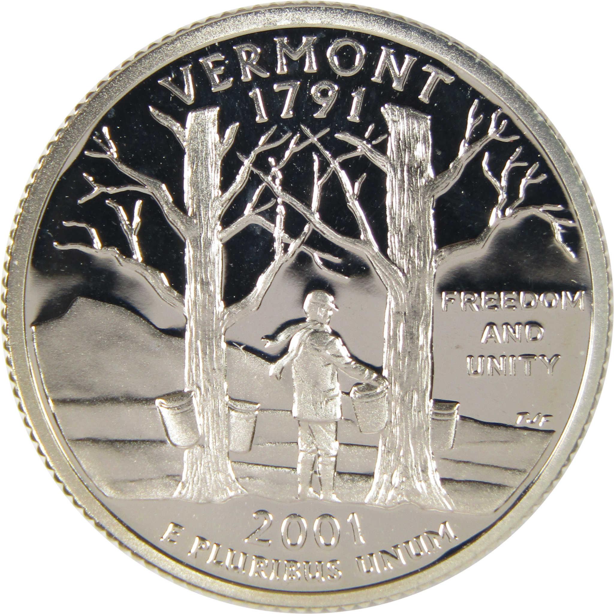 2001 Vermont state quarter collectible coin with trees, person, and Freedom and Unity text
