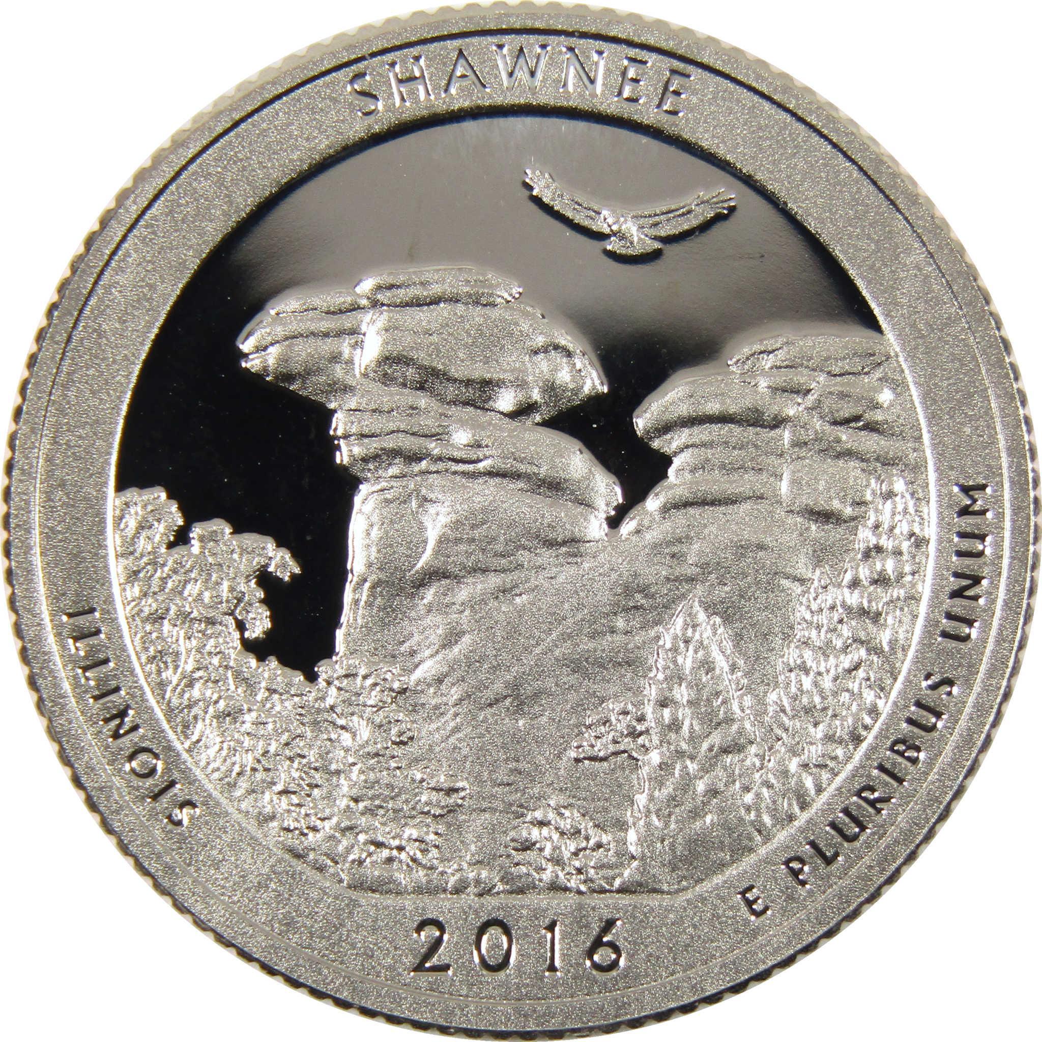 2016 Shawnee Illinois quarter featuring rock formations, eagle, and detailed engraving